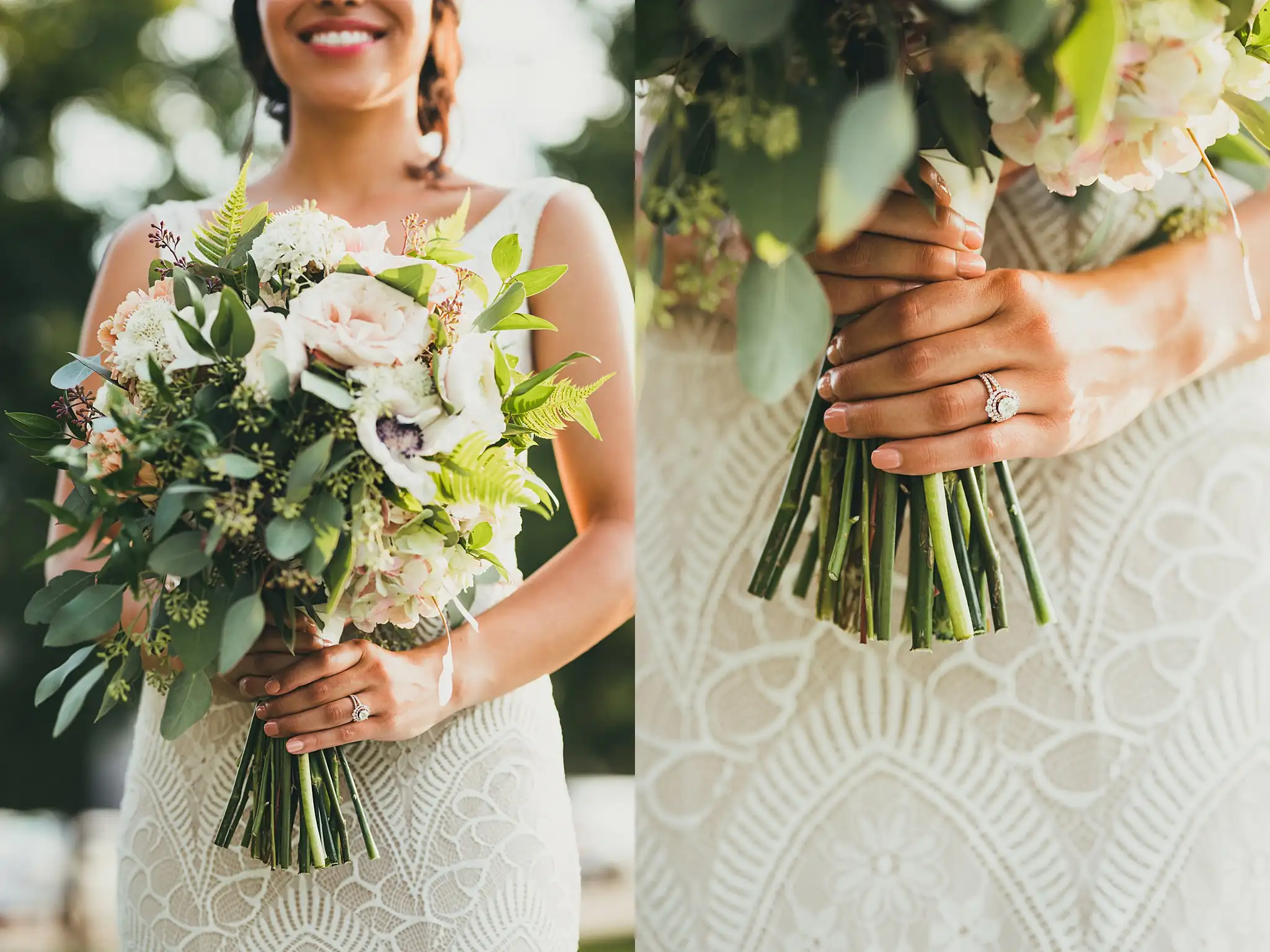Bridal Portraits: the bride with her bouquet, and her ring hand, at their wedding at the Piedmont Garden Tent in Atlanta, GA