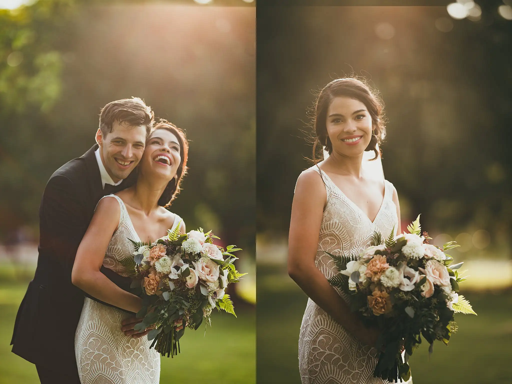 Wedding Formals: the couple laughing, and the bride at golden hour, at their wedding at the Piedmont Garden Tent in Atlanta, GA