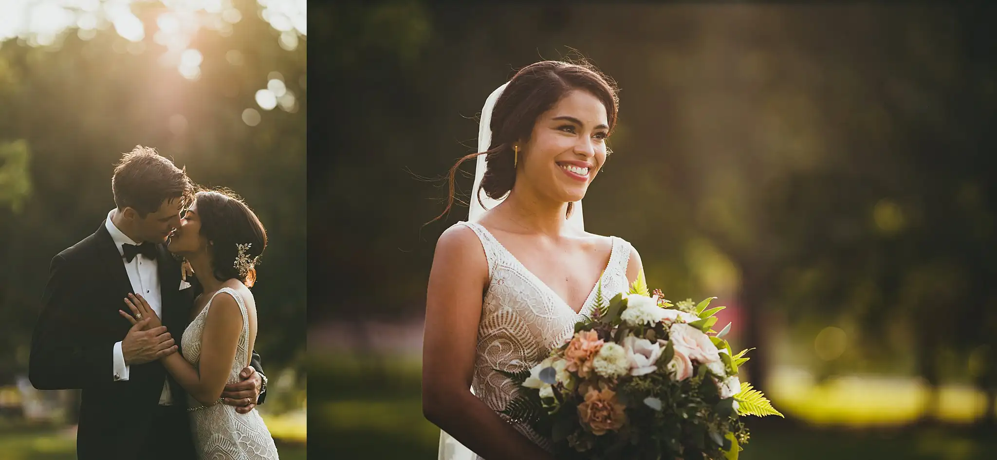 Wedding Formals: the couple kissing in the sun, and her portrait, at their wedding at the Piedmont Garden Tent in Atlanta, GA