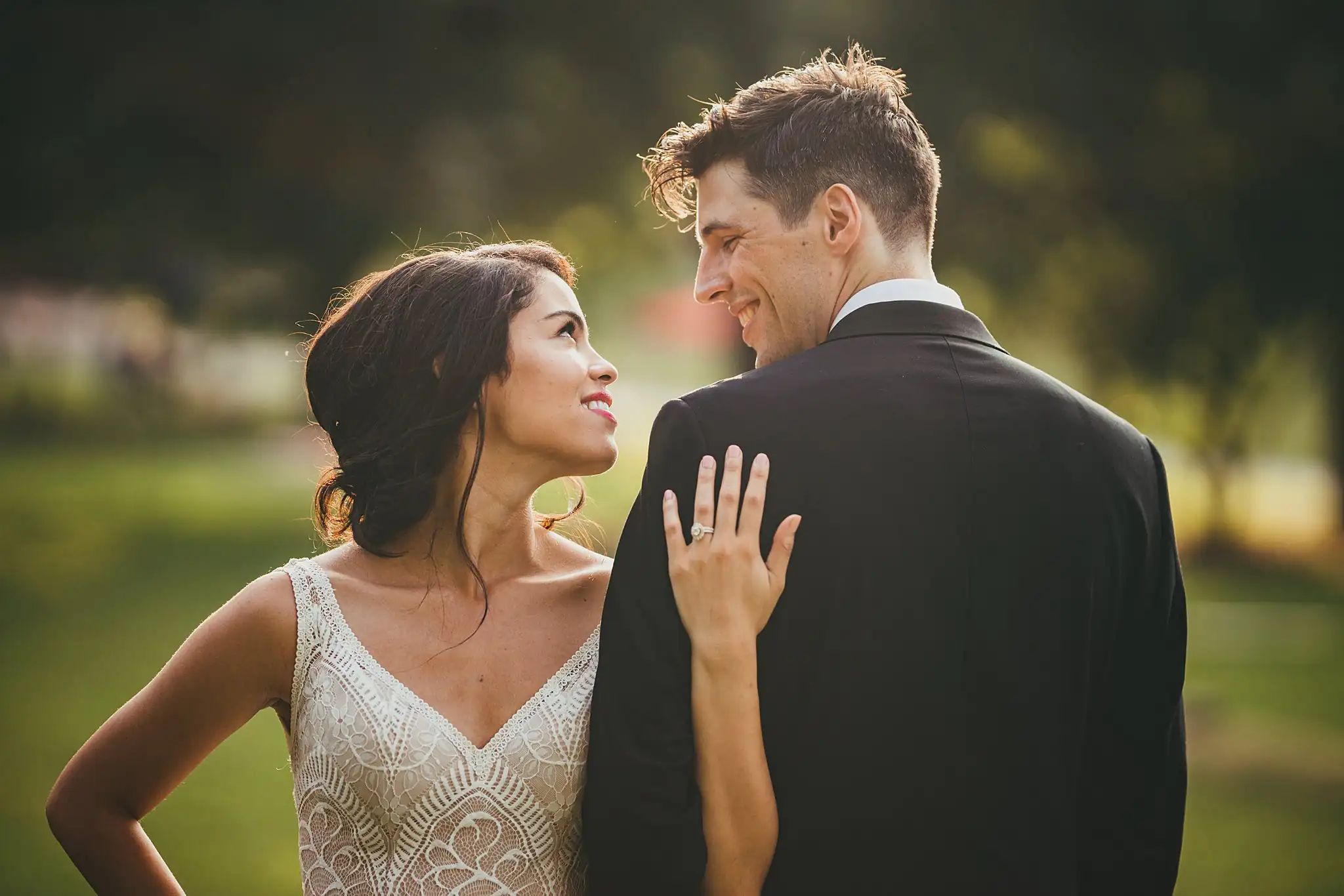 Wedding Formals: the couple close, her hand on his chest, at their wedding at the Piedmont Garden Tent in Atlanta, GA