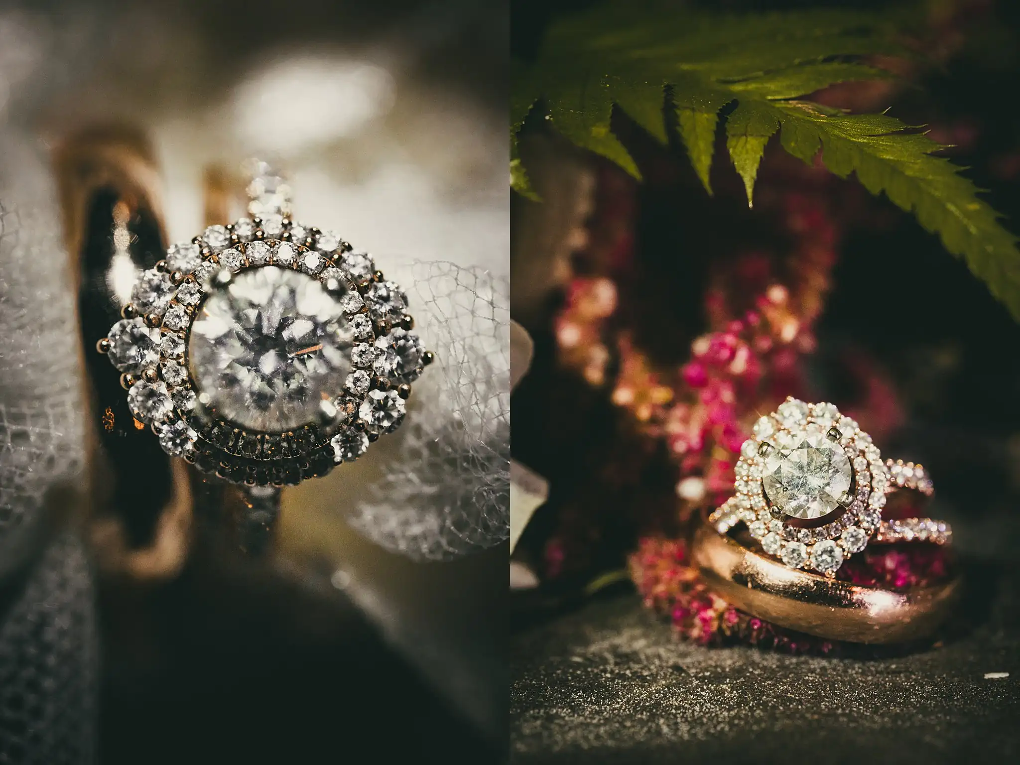 Wedding Details: a crystal earring, and the rings on flowers, at a wedding at the Piedmont Garden Tent in Atlanta, GA