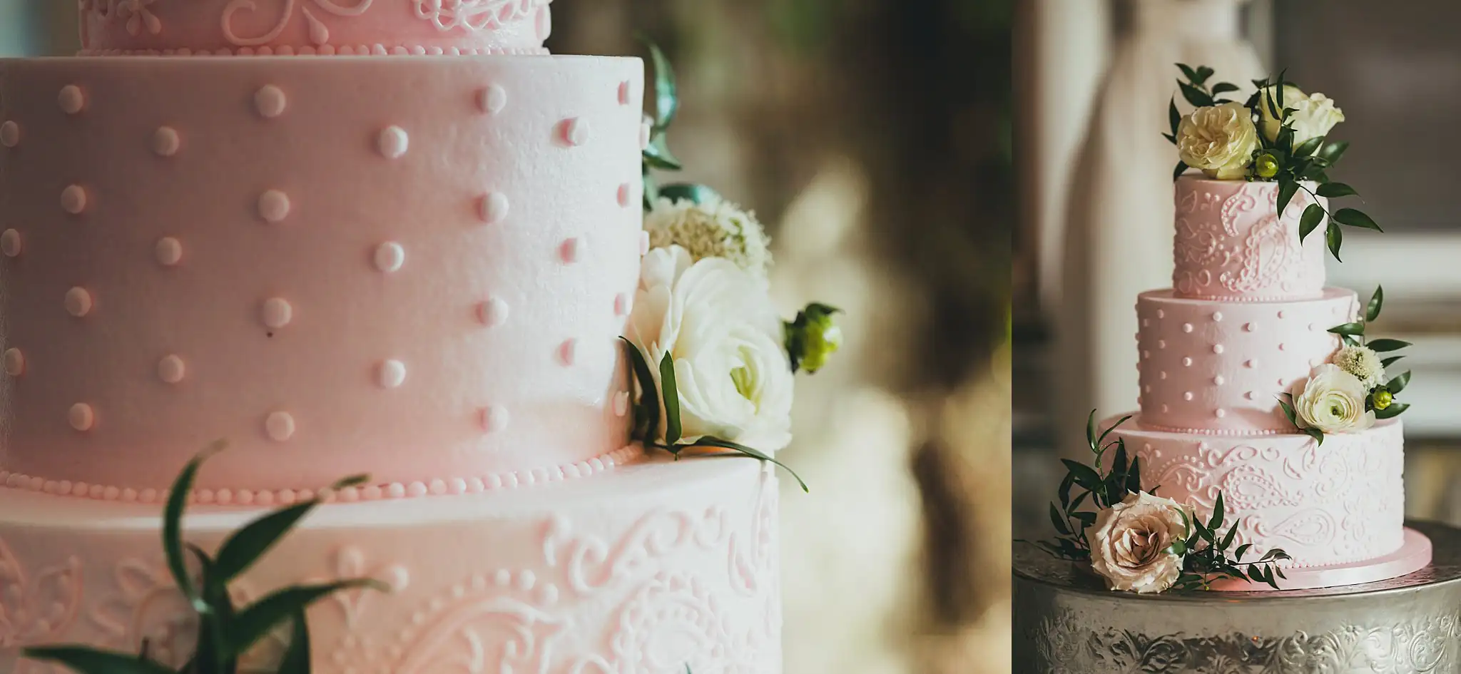 Wedding Cake Details: the blush tiered cake, close and full, at their wedding at the Piedmont Garden Tent in Atlanta, GA