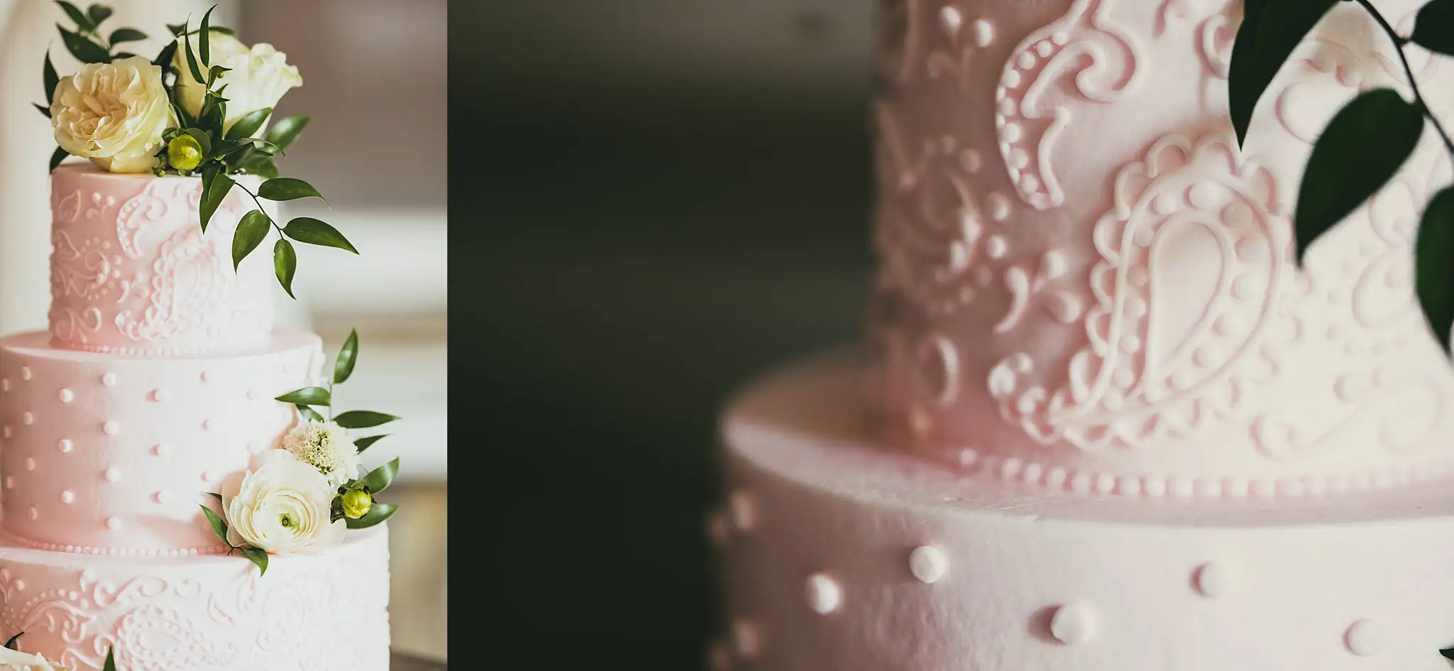 Wedding Cake Details: the cake with white roses, and its piping, at their wedding at the Piedmont Garden Tent in Atlanta, GA