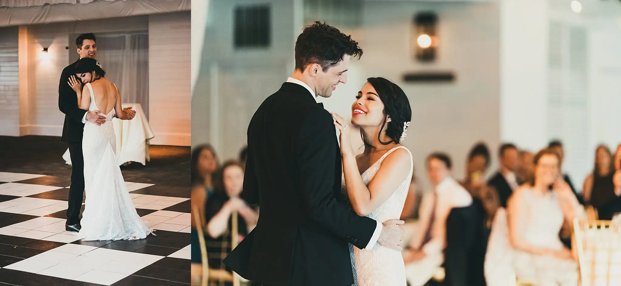 First Dance: the couple dancing on the checkerboard floor, at their wedding at the Piedmont Garden Tent in Atlanta, GA
