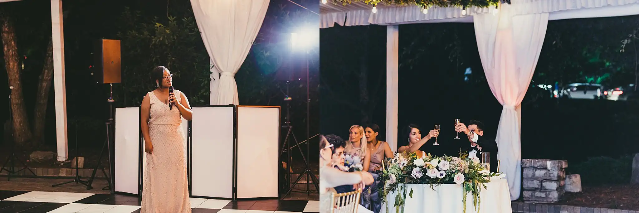 Wedding Reception: a toast being given, and the sweetheart table, at their wedding at the Piedmont Garden Tent in Atlanta, GA