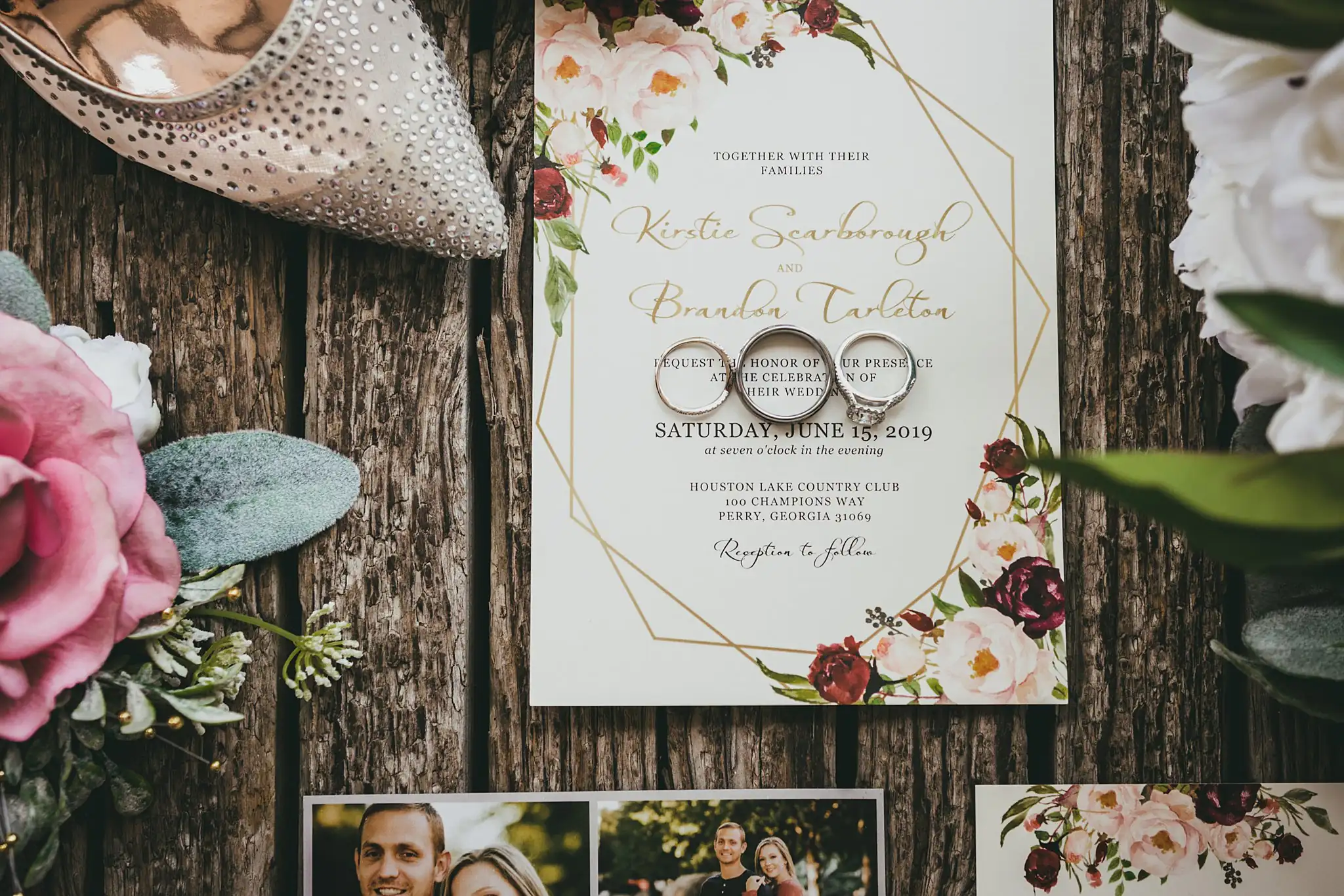 Wedding Details: the gold-bordered invitation suite with her heels, at a wedding at Houston Lake Country Club in Perry, GA