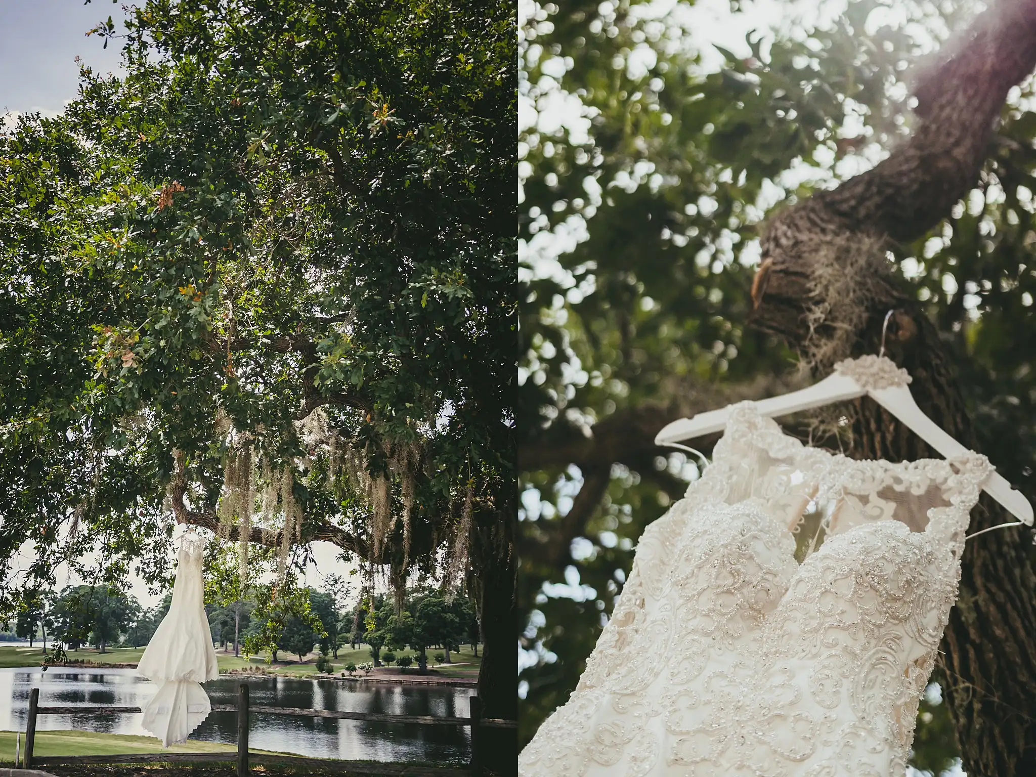 Wedding Details: the gown hanging from an oak draped in Spanish moss, at a wedding at Houston Lake Country Club in Perry, GA