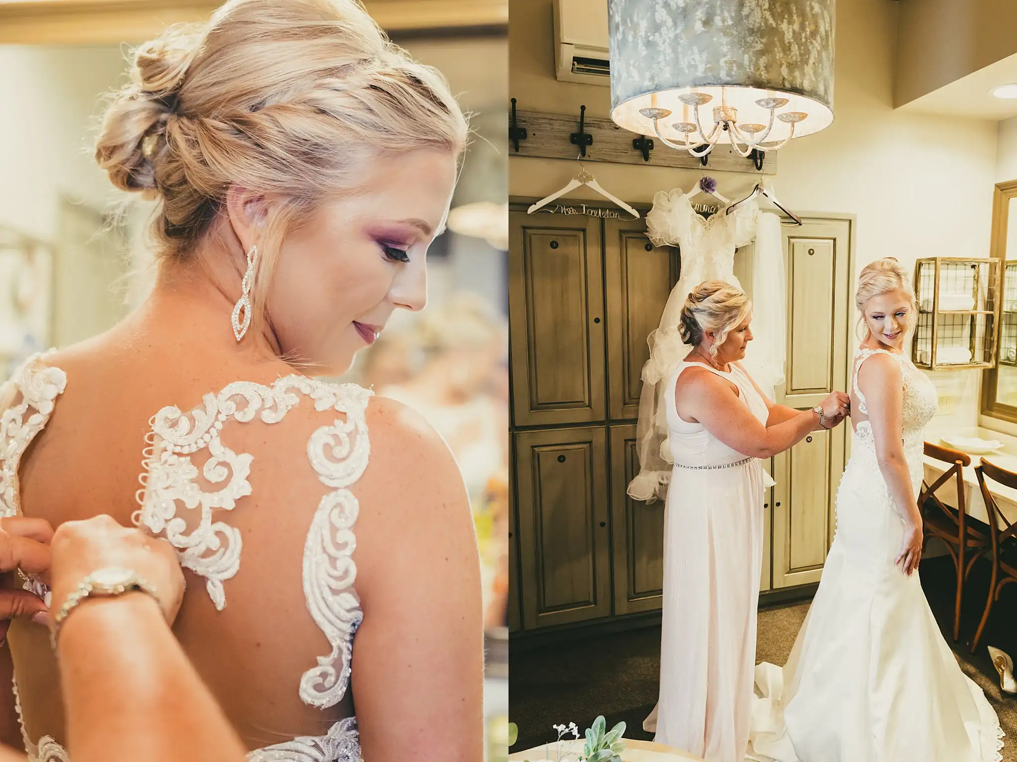 Getting Ready: the bride's mother fastening her gown, before their wedding at Houston Lake Country Club in Perry, GA