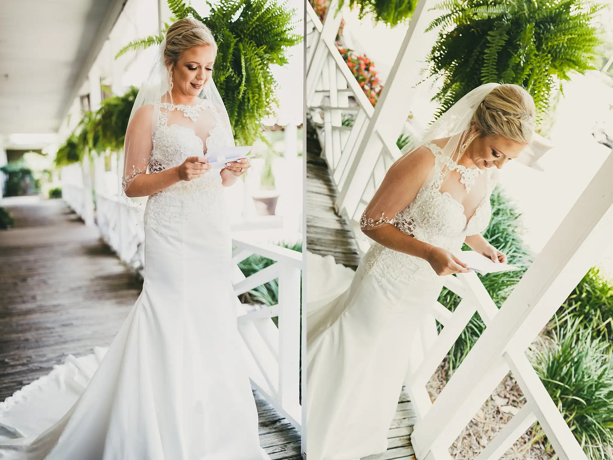 Getting Ready: the bride reading her letter on the steps, before their wedding at Houston Lake Country Club in Perry, GA