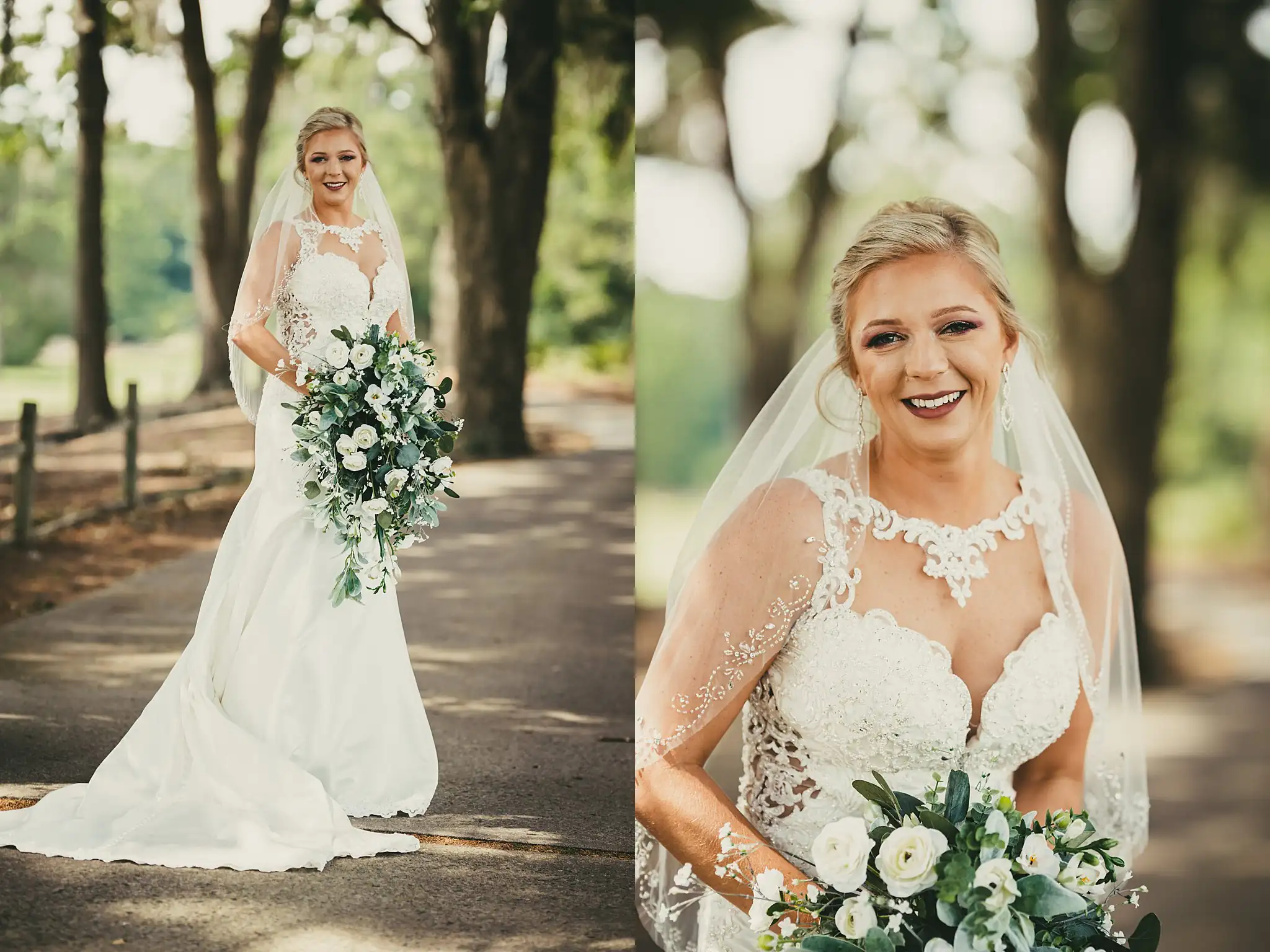 Bridal Portraits: the bride with her bouquet under the oaks, at their wedding at Houston Lake Country Club in Perry, GA