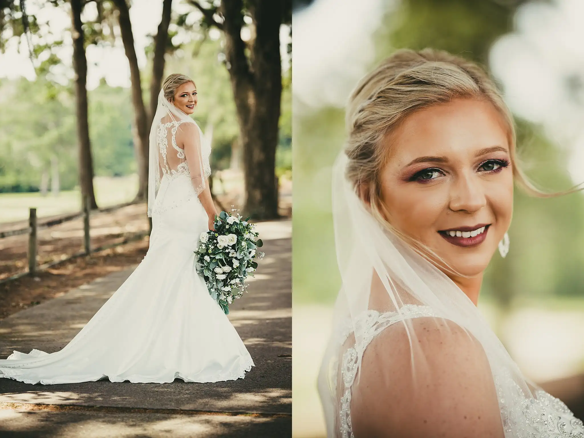 Bridal Portraits: the bride from behind, and looking back, at their wedding at Houston Lake Country Club in Perry, GA