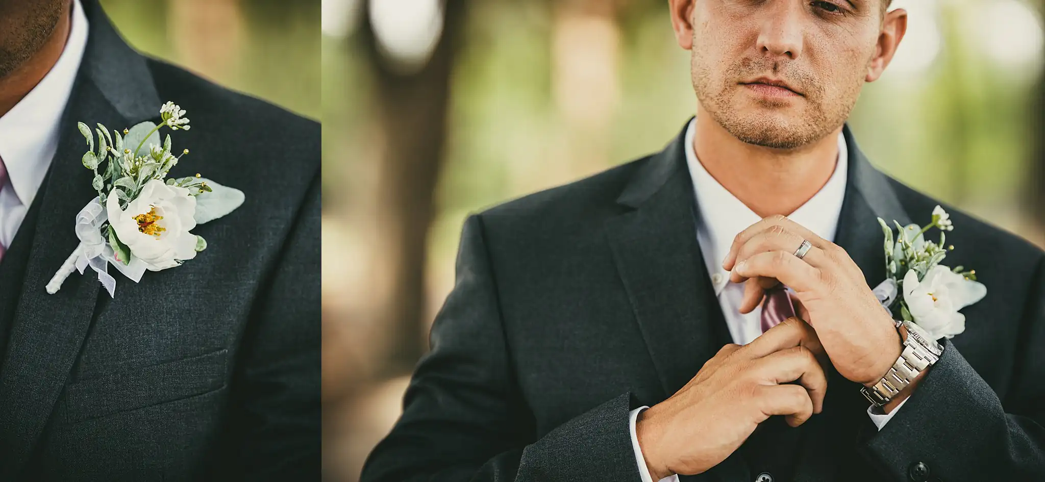 Wedding Details: the groom's white boutonniere, close, at a wedding at Houston Lake Country Club in Perry, GA