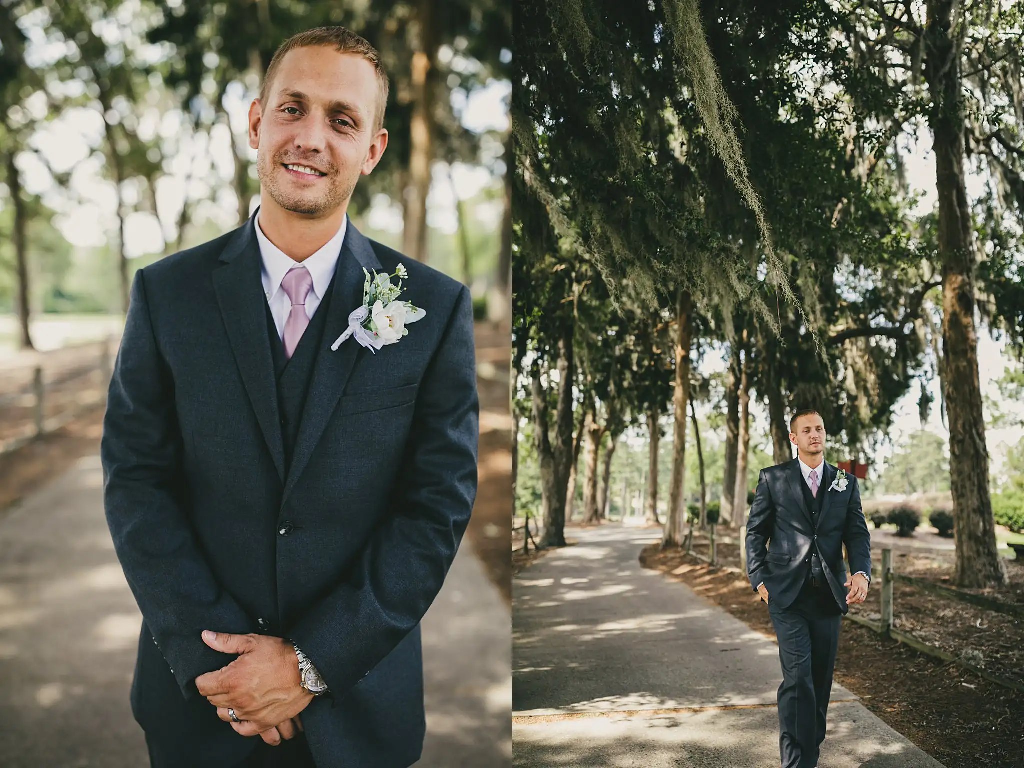 Wedding Formals: the groom beneath the mossy oaks, at their wedding at Houston Lake Country Club in Perry, GA