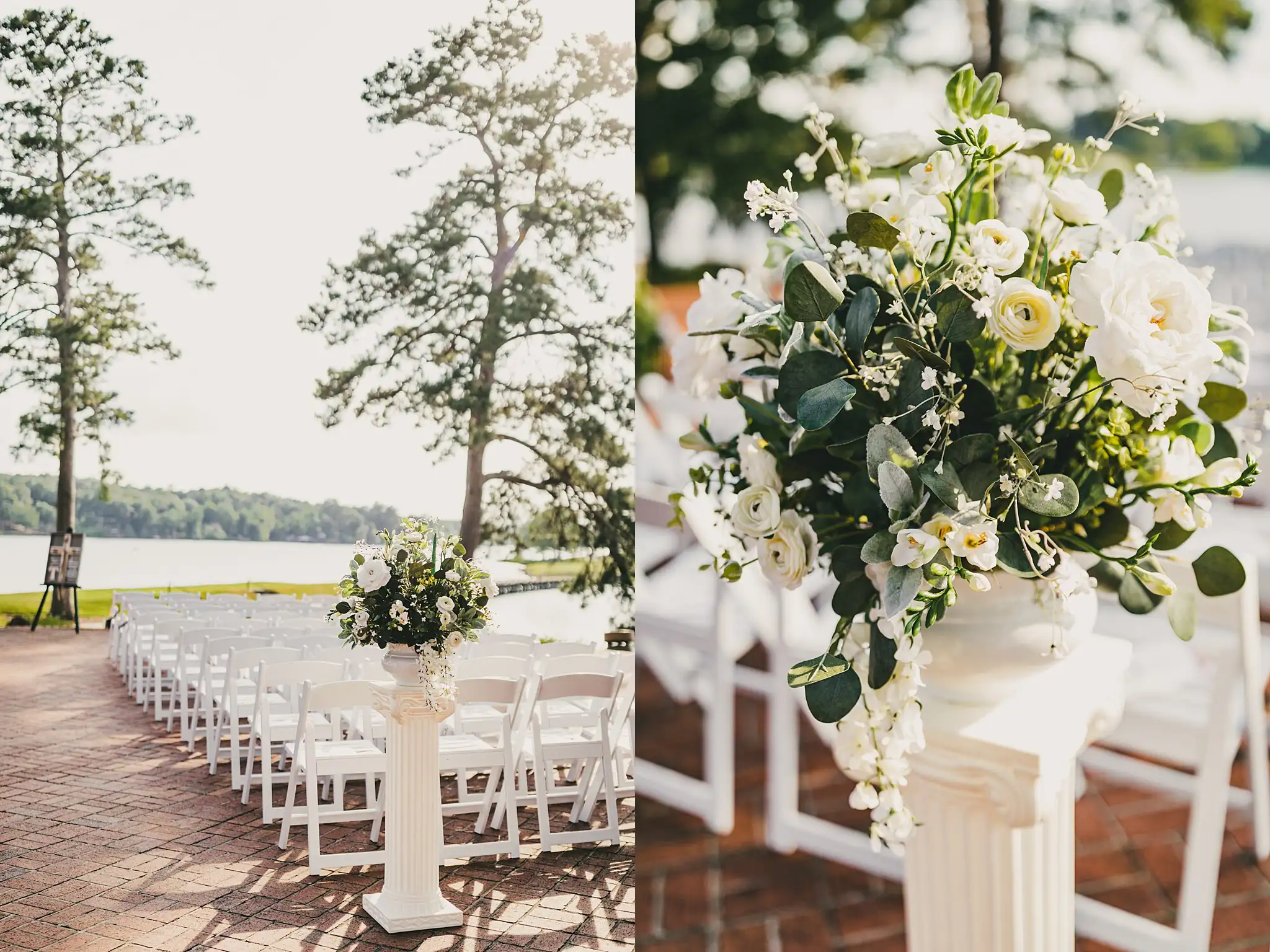 Wedding Ceremony: the ceremony set on the brick terrace by the lake, at a wedding at Houston Lake Country Club in Perry, GA