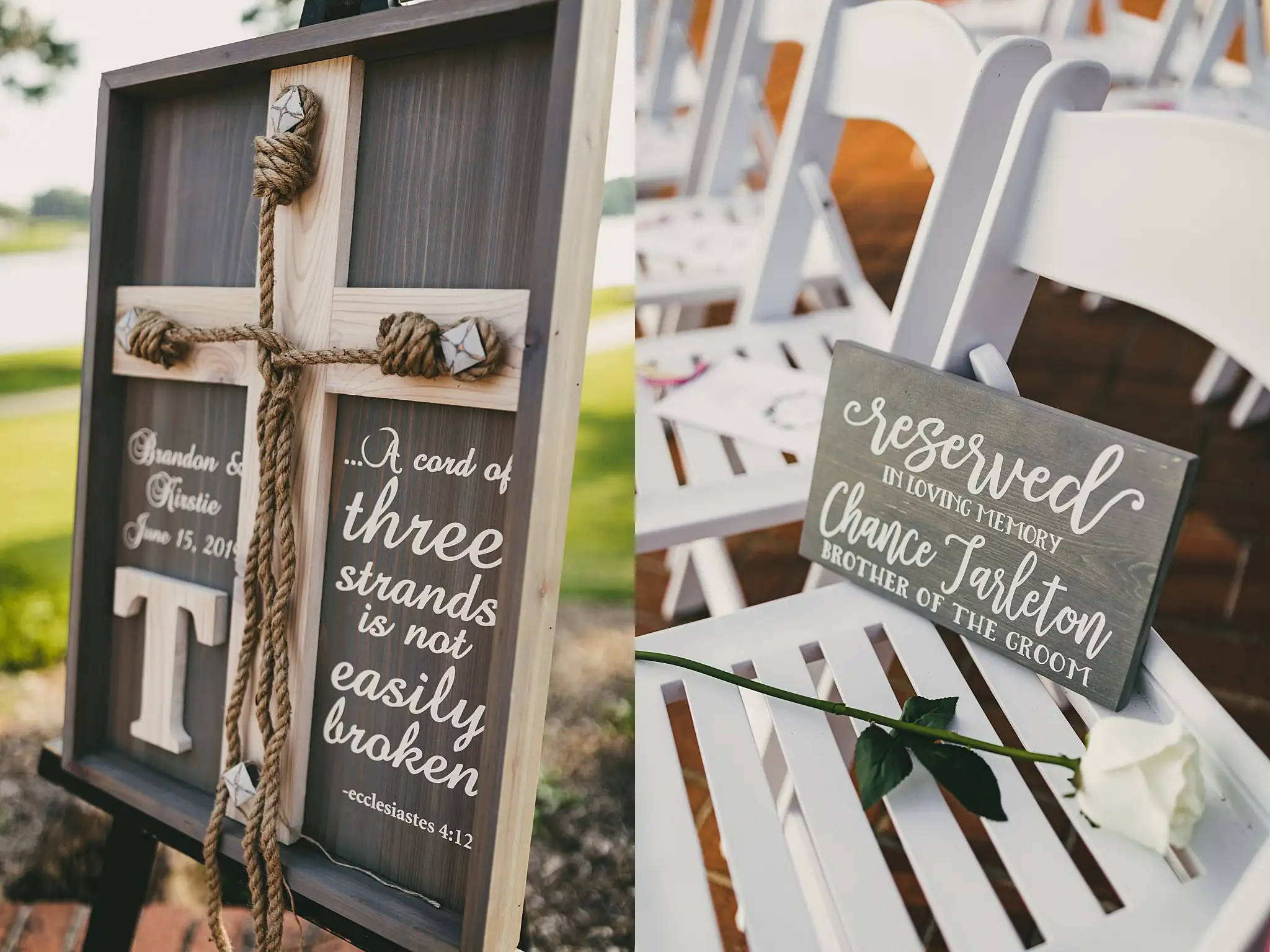 Wedding Details: a rope cross and a reserved seat sign, at a wedding at Houston Lake Country Club in Perry, GA