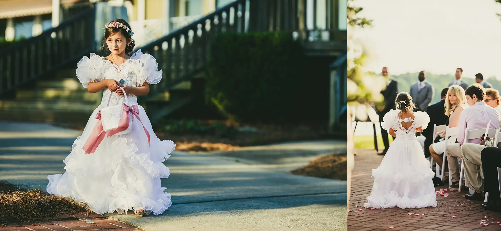 Processional: the flower girl and then the bride on the aisle, at their wedding at Houston Lake Country Club in Perry, GA