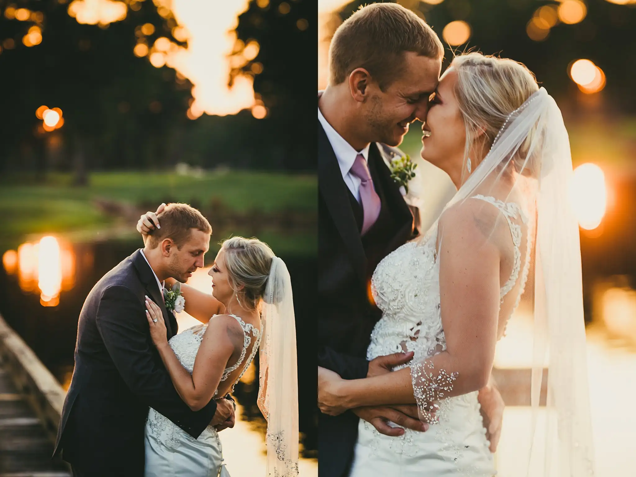 Wedding Formals: the couple kissing under the string lights, at their wedding at Houston Lake Country Club in Perry, GA