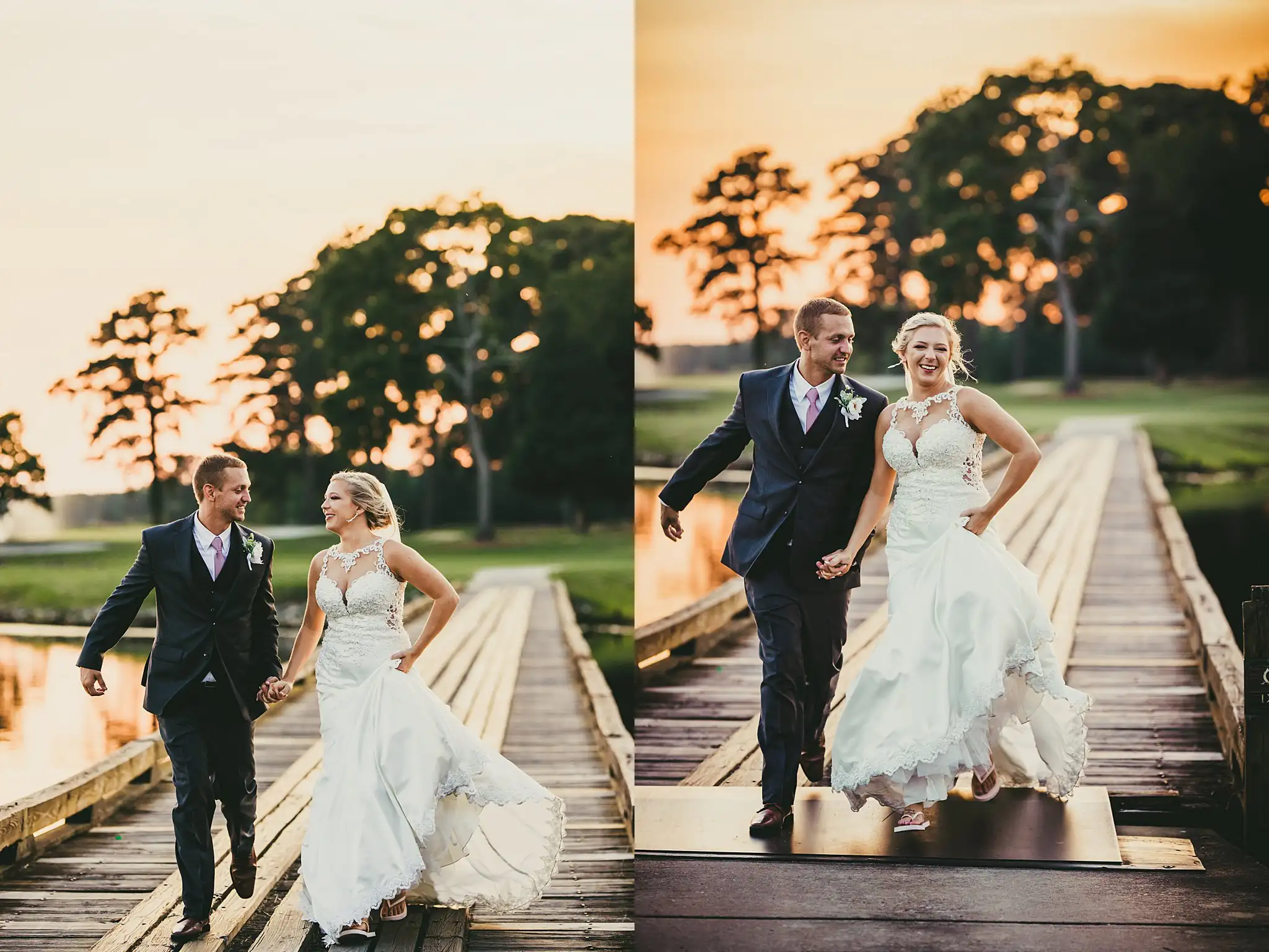 Wedding Formals: the couple walking the dock at sunset, at their wedding at Houston Lake Country Club in Perry, GA