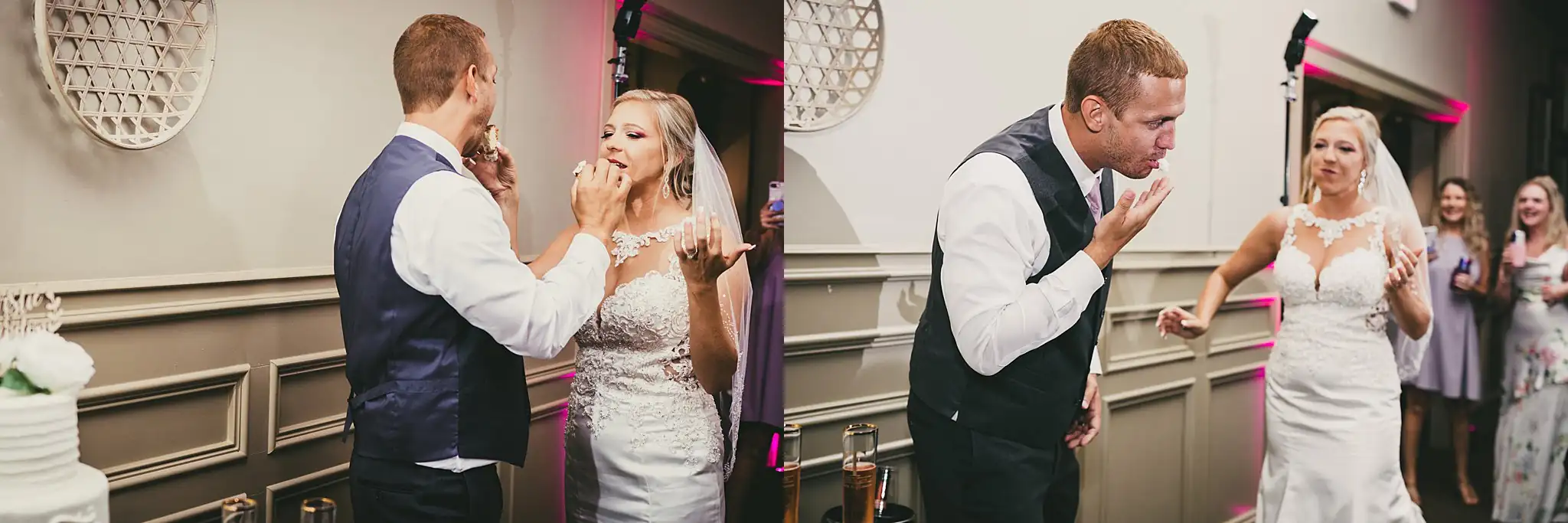 Cake Cutting: the couple feeding each other cake, at their wedding at Houston Lake Country Club in Perry, GA