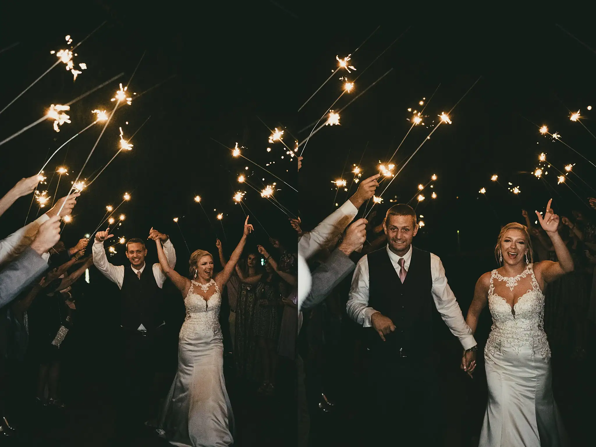 Sparkler Exit: guests lining the path with sparklers, at their wedding at Houston Lake Country Club in Perry, GA