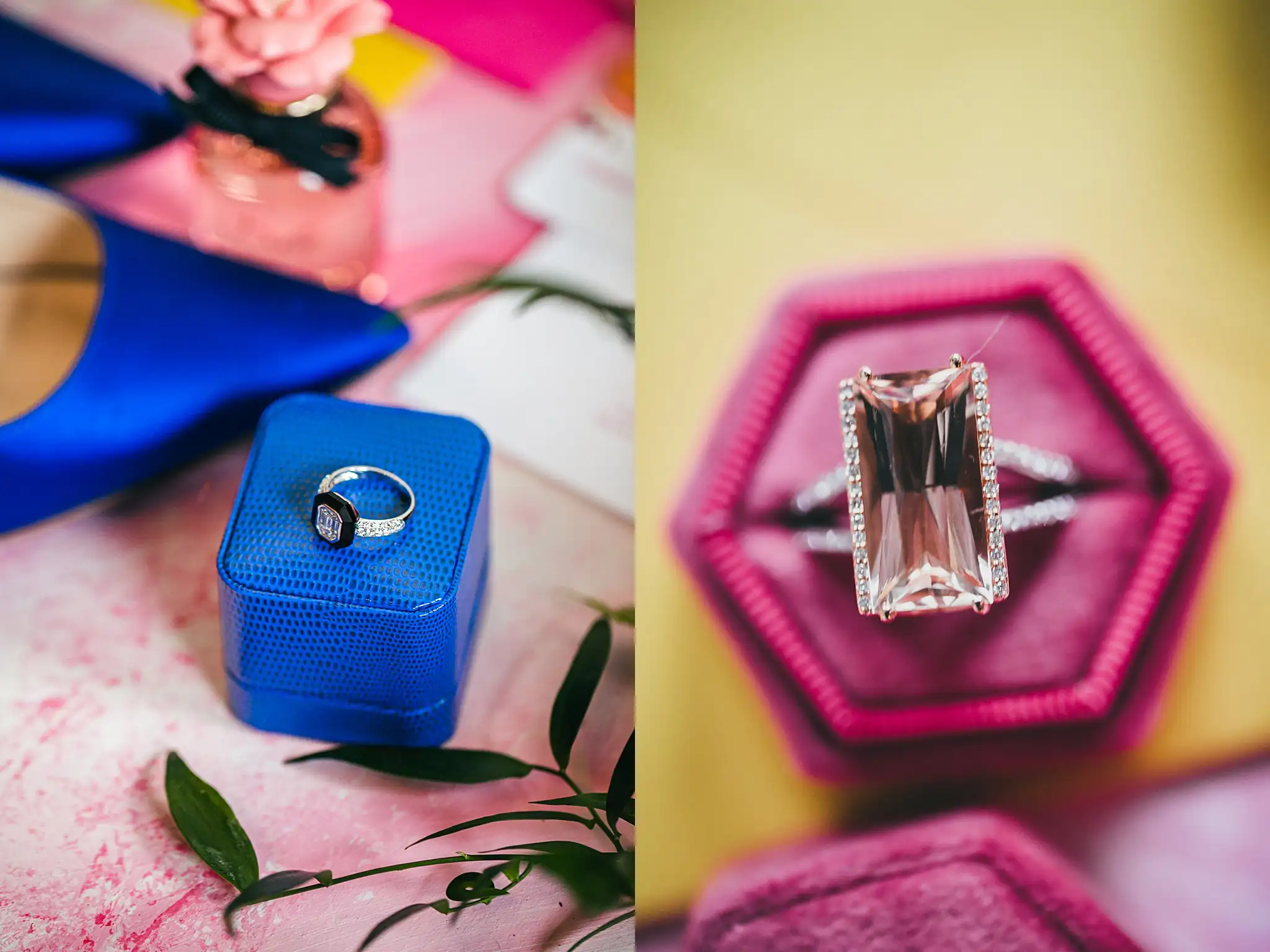 AtlantaWeddingPhotographers_1185.jpg Wedding Details: a ring in a blue box, and one in pink, at a Whimsically in Love LGBTQ Wedding styled shoot at Brick and Ivey in Marietta, GA