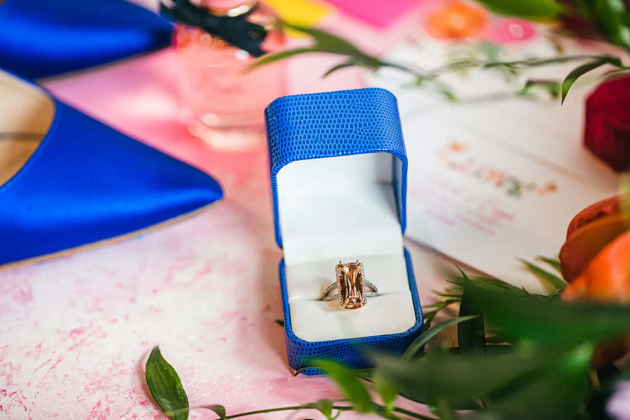AtlantaWeddingPhotographers_1186.jpg Wedding Details: the morganite ring boxed among the heels, at a Whimsically in Love LGBTQ Wedding styled shoot at Brick and Ivey in Marietta, GA