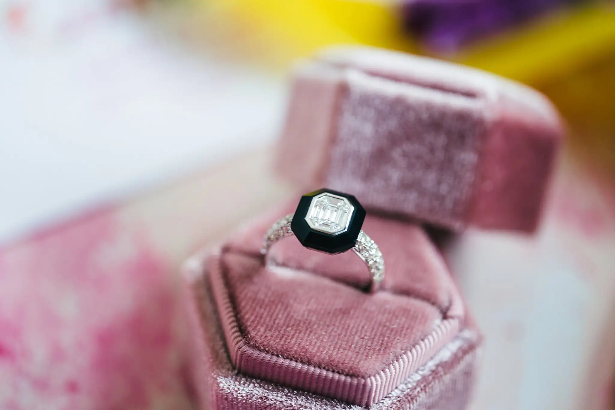 AtlantaWeddingPhotographers_1188.jpg Wedding Details: a black-set diamond ring in velvet, at a Whimsically in Love LGBTQ Wedding styled shoot at Brick and Ivey in Marietta, GA