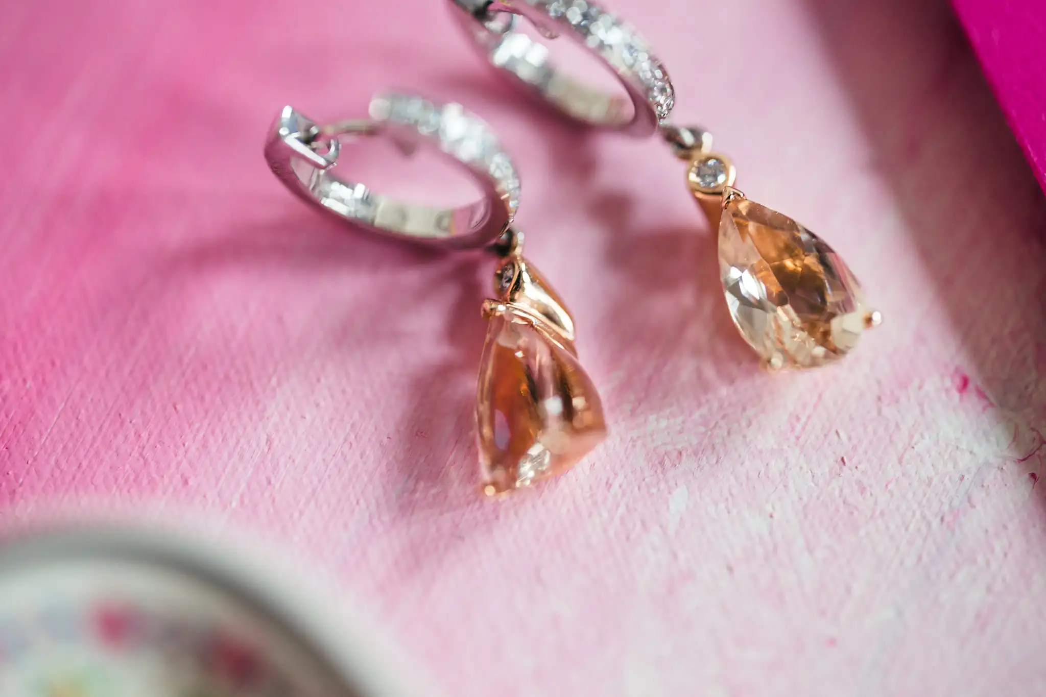 AtlantaWeddingPhotographers_1189.jpg Wedding Details: morganite drop earrings, close, at a Whimsically in Love LGBTQ Wedding styled shoot at Brick and Ivey in Marietta, GA