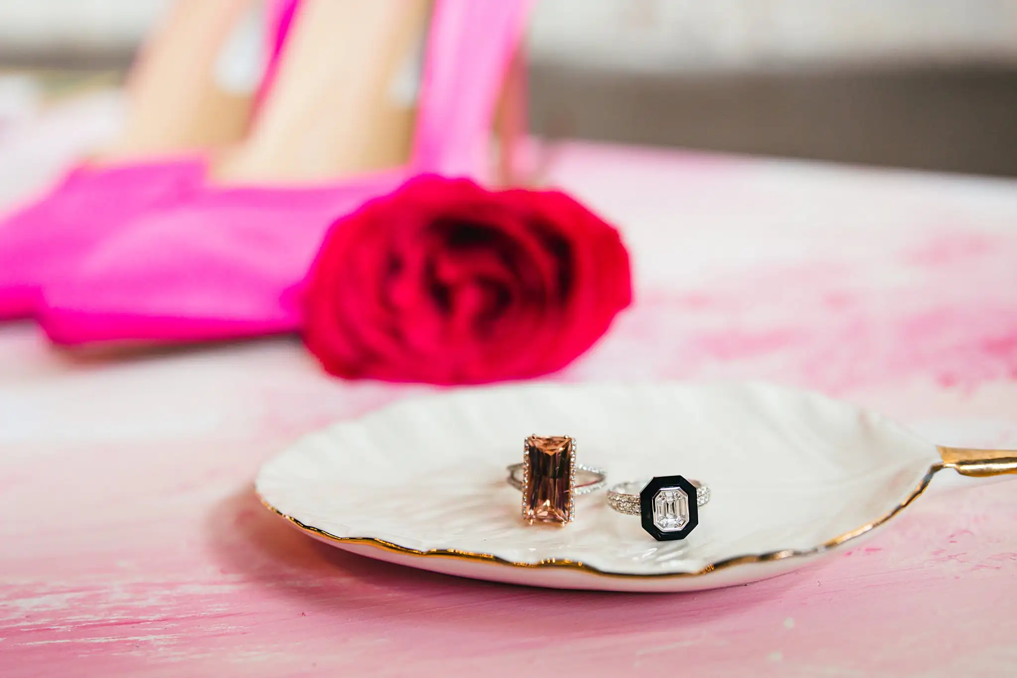 AtlantaWeddingPhotographers_1195.jpg Wedding Details: the rings on a gold-rimmed shell dish, at a Whimsically in Love LGBTQ Wedding styled shoot at Brick and Ivey in Marietta, GA