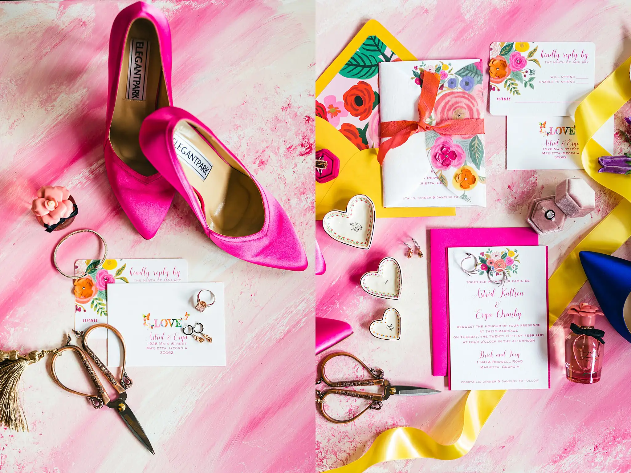 AtlantaWeddingPhotographers_1196.jpg Wedding Details: a pink heel, and the invitation suite, at a Whimsically in Love LGBTQ Wedding styled shoot at Brick and Ivey in Marietta, GA