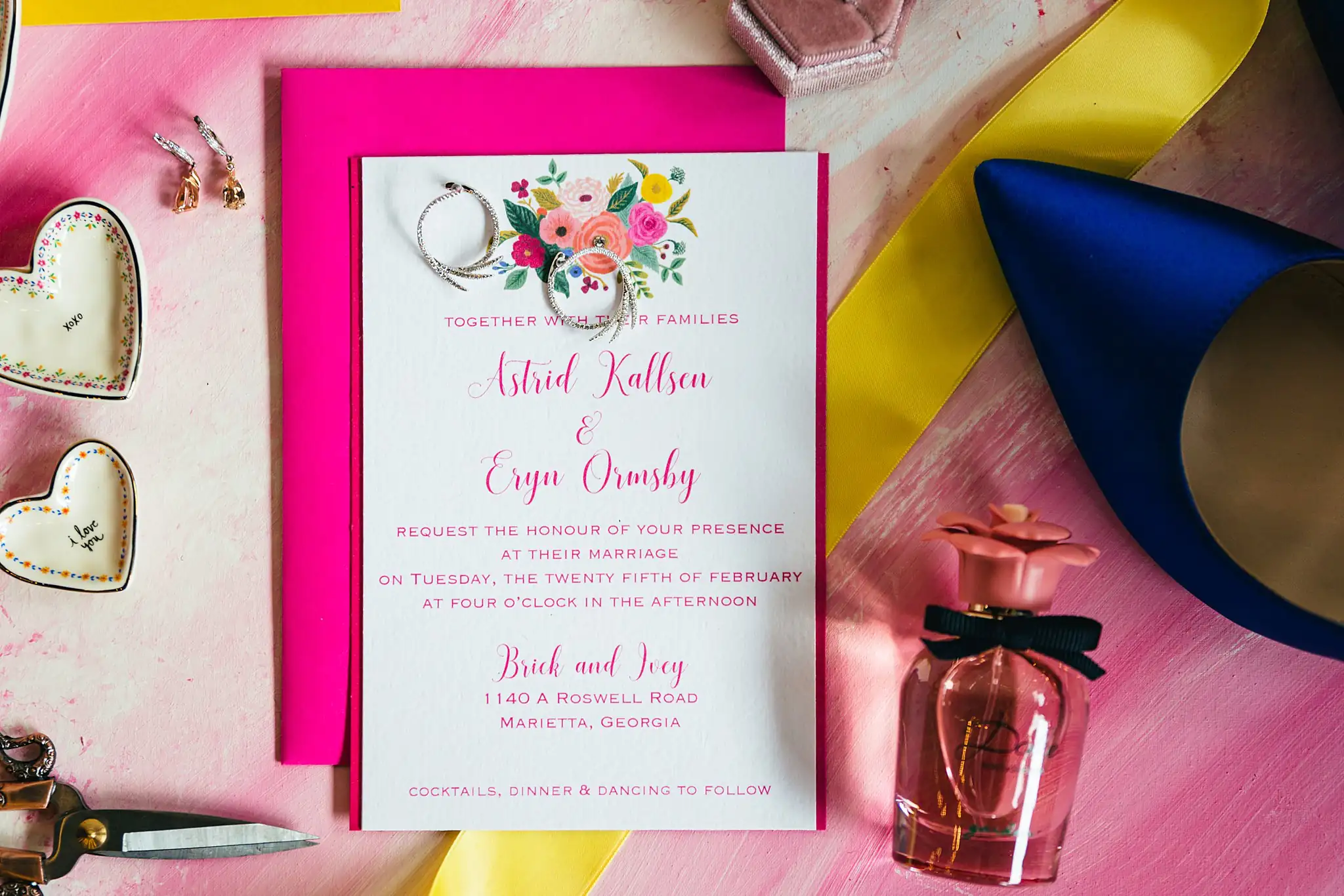AtlantaWeddingPhotographers_1197.jpg Wedding Details: the invitation with a heel and perfume, at a Whimsically in Love LGBTQ Wedding styled shoot at Brick and Ivey in Marietta, GA