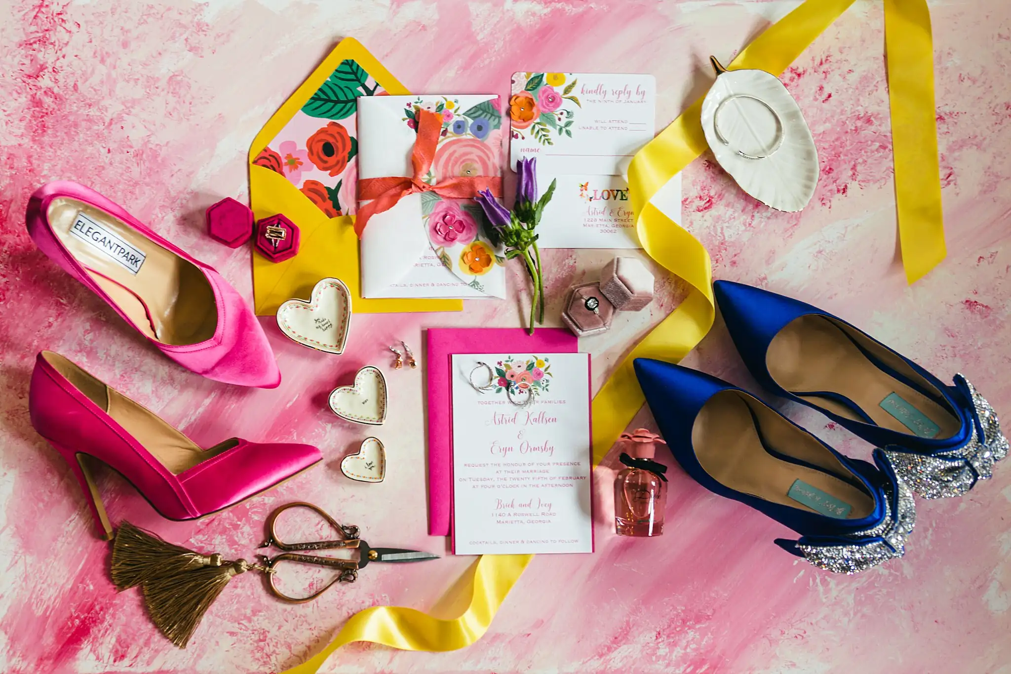 AtlantaWeddingPhotographers_1198.jpg Wedding Details: the invitation with pink and blue heels, at a Whimsically in Love LGBTQ Wedding styled shoot at Brick and Ivey in Marietta, GA