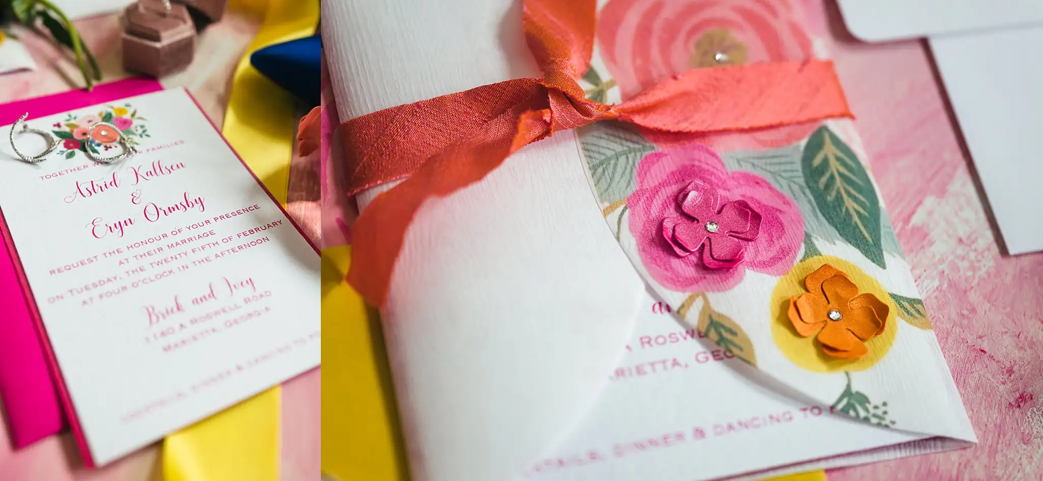 AtlantaWeddingPhotographers_1199.jpg Wedding Details: the invitation tied with orange ribbon, at a Whimsically in Love LGBTQ Wedding styled shoot at Brick and Ivey in Marietta, GA