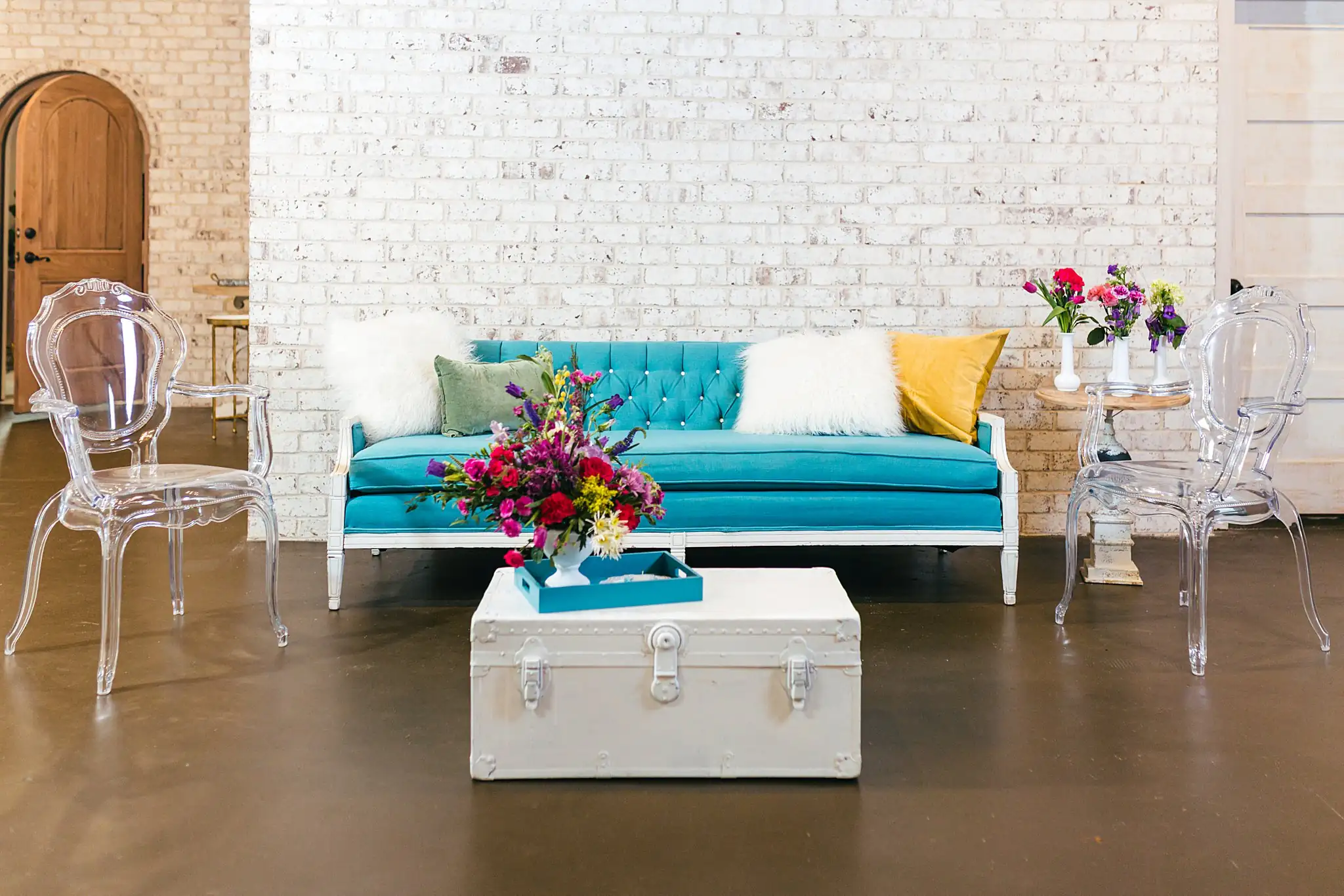 AtlantaWeddingPhotographers_1203.jpg Reception Details: the teal velvet and ghost chair lounge, at a Whimsically in Love LGBTQ Wedding styled shoot at Brick and Ivey in Marietta, GA