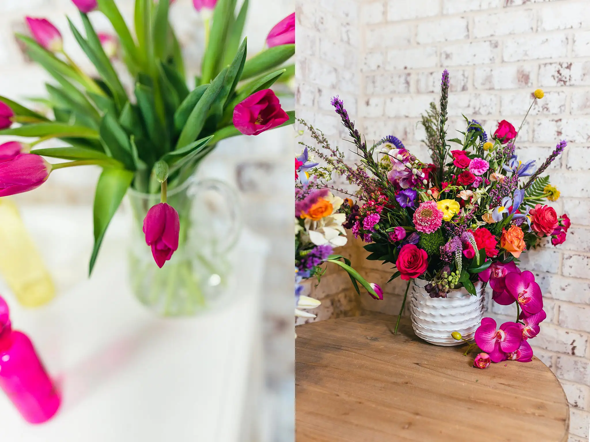 AtlantaWeddingPhotographers_1205.jpg Wedding Florals: tulips in a jug, and a full arrangement, at a Whimsically in Love LGBTQ Wedding styled shoot at Brick and Ivey in Marietta, GA