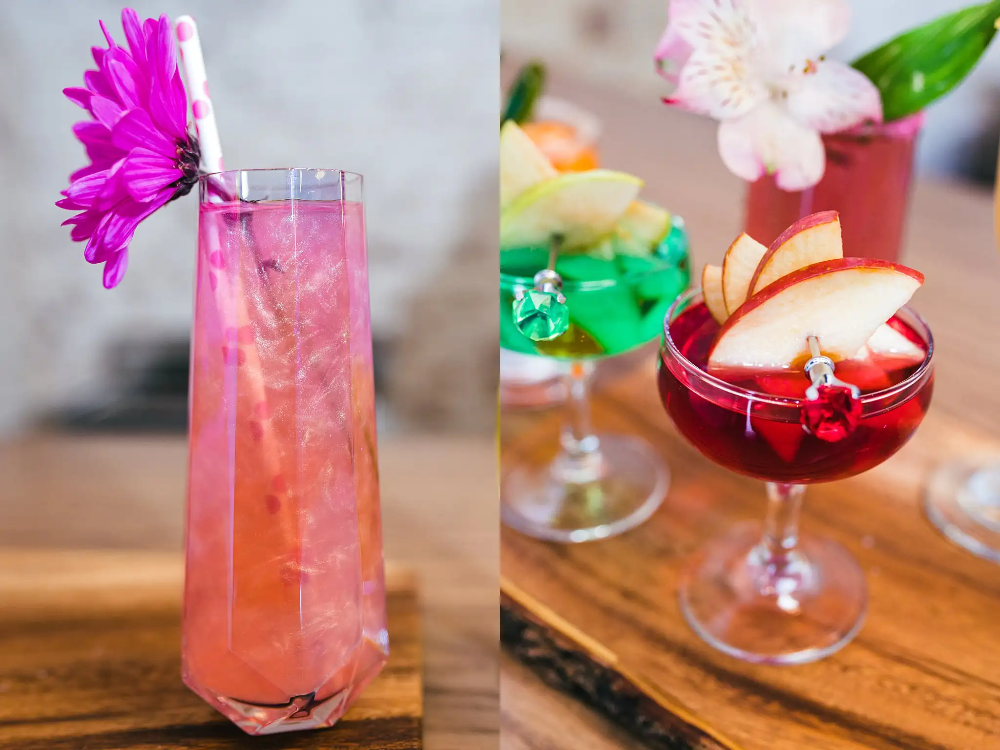 AtlantaWeddingPhotographers_1208.jpg Reception Details: a pink cocktail, and one with apple, at a Whimsically in Love LGBTQ Wedding styled shoot at Brick and Ivey in Marietta, GA