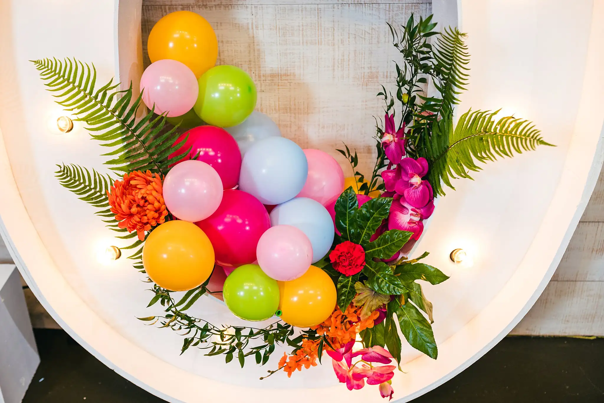 AtlantaWeddingPhotographers_1211.jpg Reception Details: balloons and ferns in the marquee O, at a Whimsically in Love LGBTQ Wedding styled shoot at Brick and Ivey in Marietta, GA