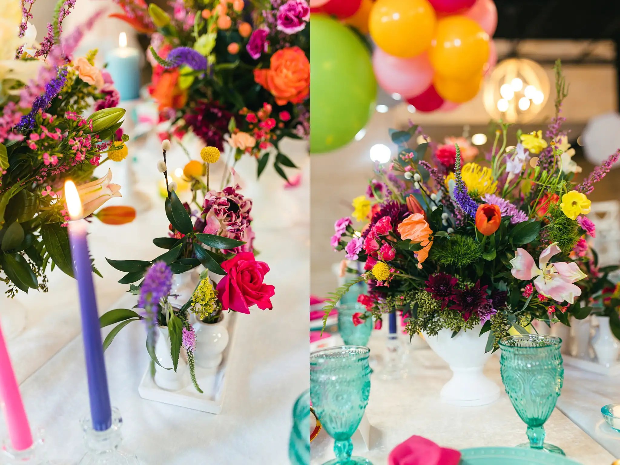 AtlantaWeddingPhotographers_1213.jpg Reception Details: centerpieces with tapers and teal glass, at a Whimsically in Love LGBTQ Wedding styled shoot at Brick and Ivey in Marietta, GA