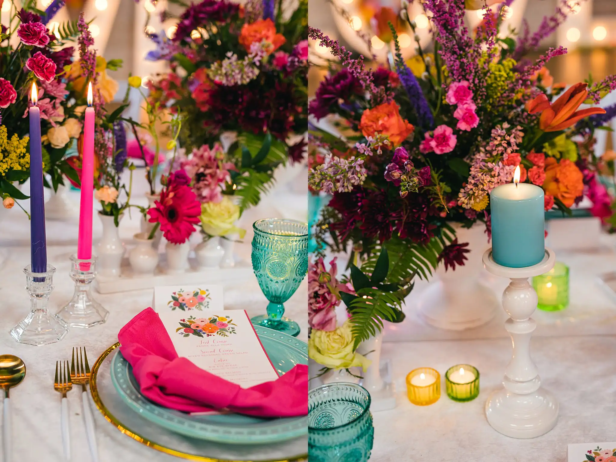 AtlantaWeddingPhotographers_1214.jpg Reception Details: a place setting and a centerpiece, at a Whimsically in Love LGBTQ Wedding styled shoot at Brick and Ivey in Marietta, GA
