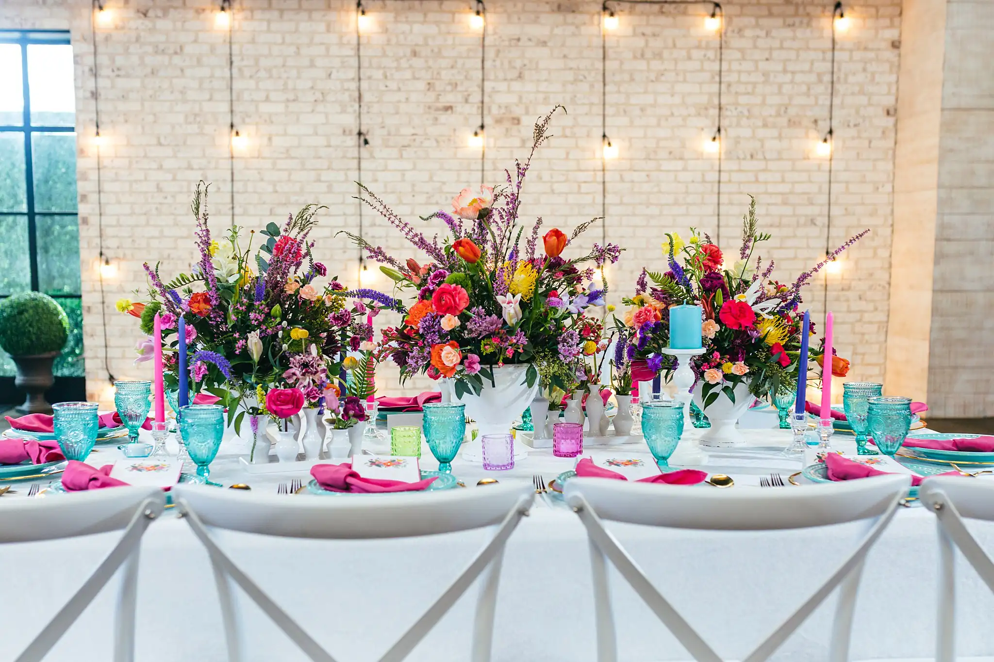 AtlantaWeddingPhotographers_1216.jpg Reception Details: the table from the end, flowers down it, at a Whimsically in Love LGBTQ Wedding styled shoot at Brick and Ivey in Marietta, GA