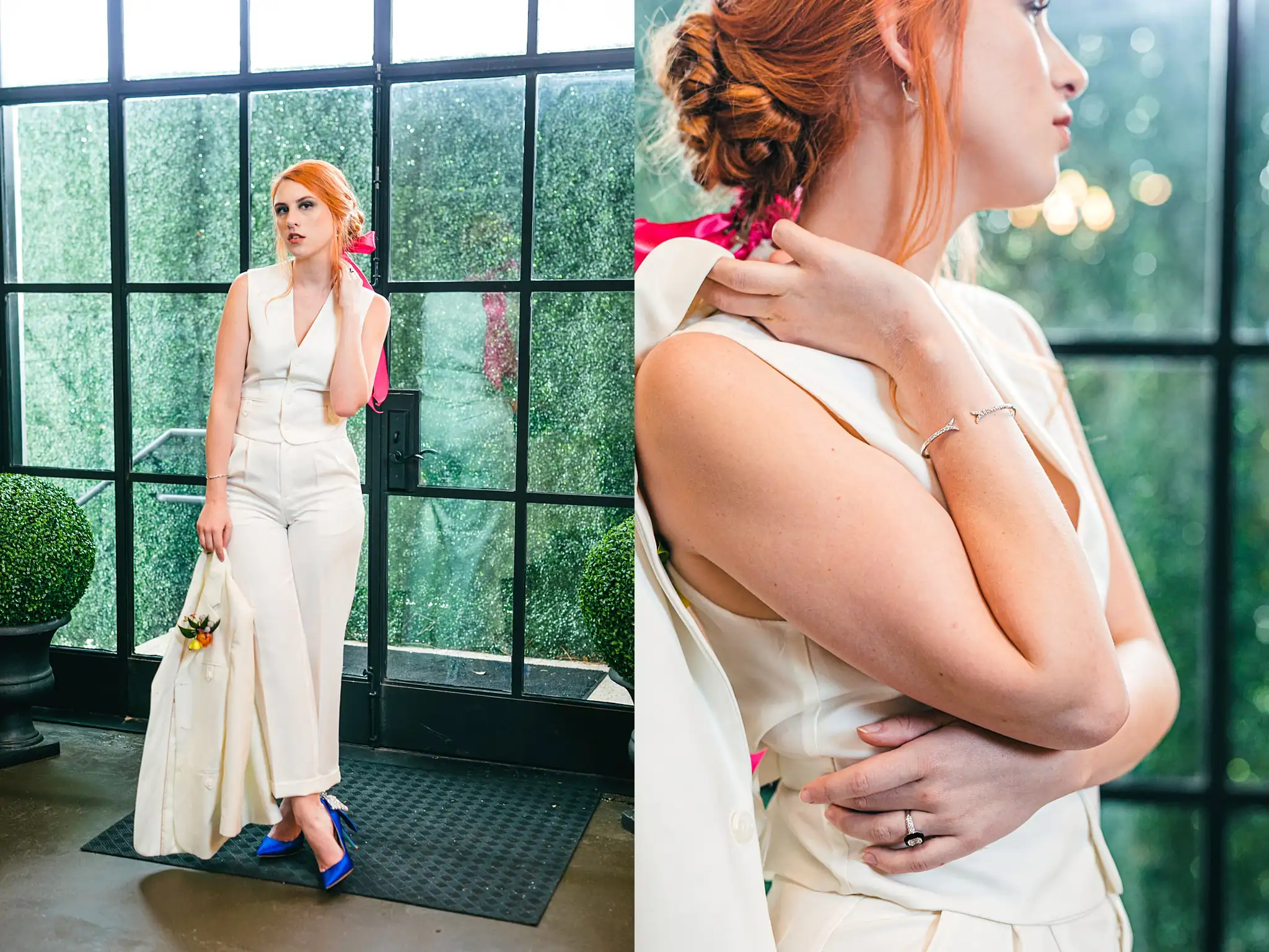 AtlantaWeddingPhotographers_1227.jpg Bridal Portraits: the bride in the white suit and sash, at a Whimsically in Love LGBTQ Wedding styled shoot at Brick and Ivey in Marietta, GA