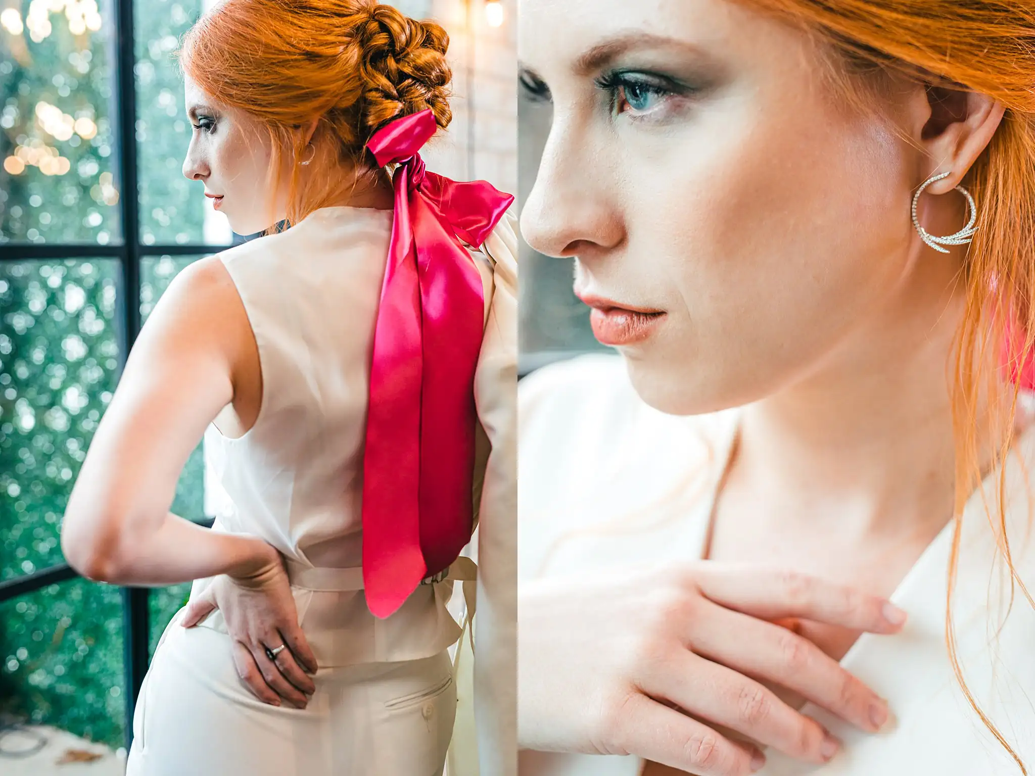 AtlantaWeddingPhotographers_1228.jpg Bridal Portraits: her updo and pink ribbon, and in profile, at a Whimsically in Love LGBTQ Wedding styled shoot at Brick and Ivey in Marietta, GA