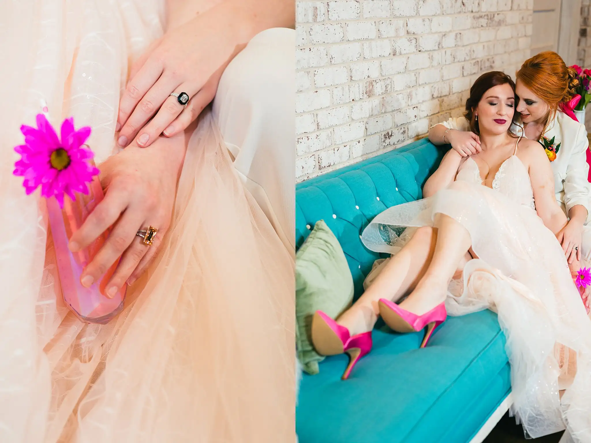 AtlantaWeddingPhotographers_1238.jpg Wedding Formals: a ring and a gerbera, and the two of them, at a Whimsically in Love LGBTQ Wedding styled shoot at Brick and Ivey in Marietta, GA