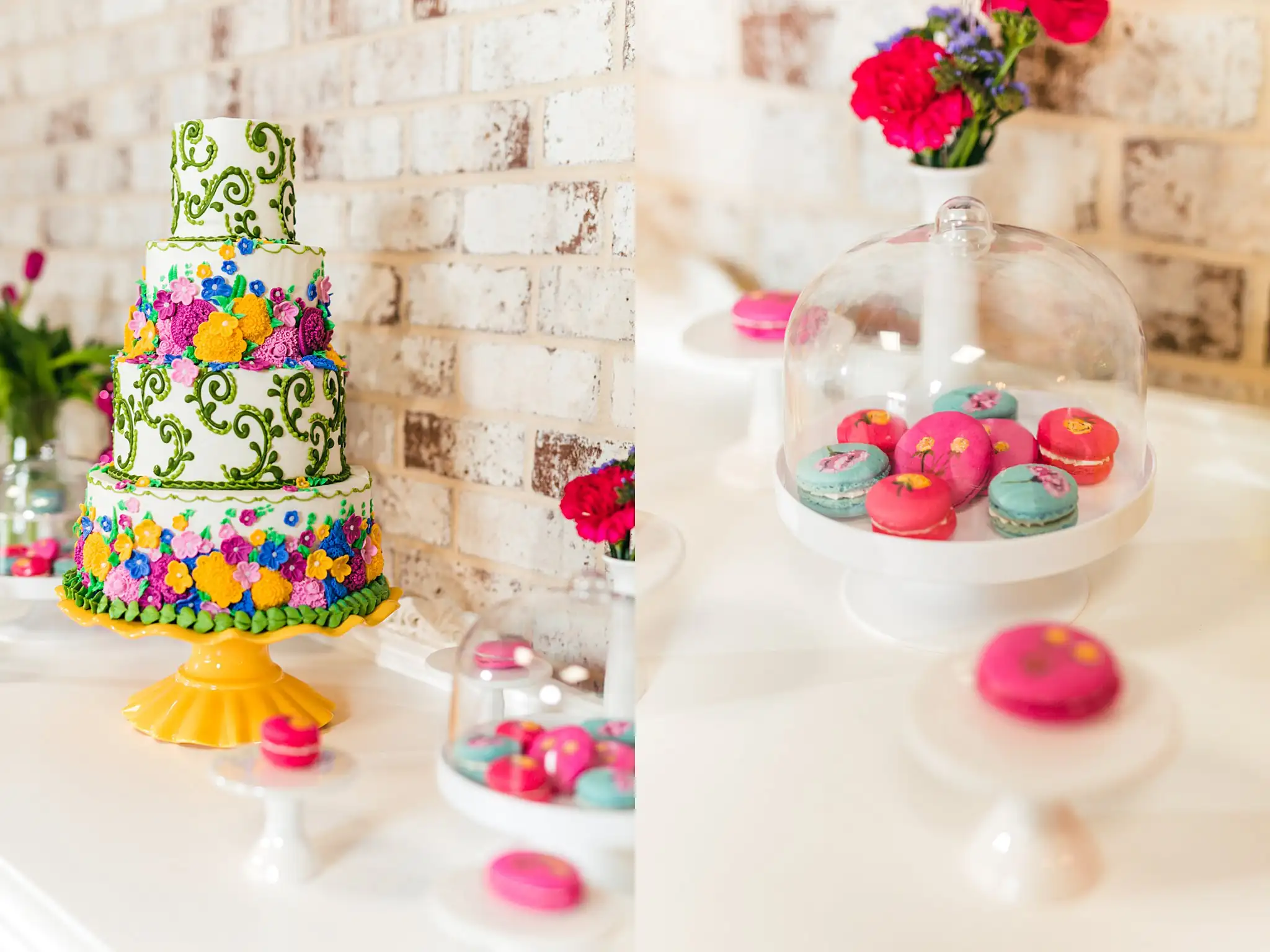 AtlantaWeddingPhotographers_1242.jpg Wedding Cake Details: the tiered cake and the macarons, at a Whimsically in Love LGBTQ Wedding styled shoot at Brick and Ivey in Marietta, GA