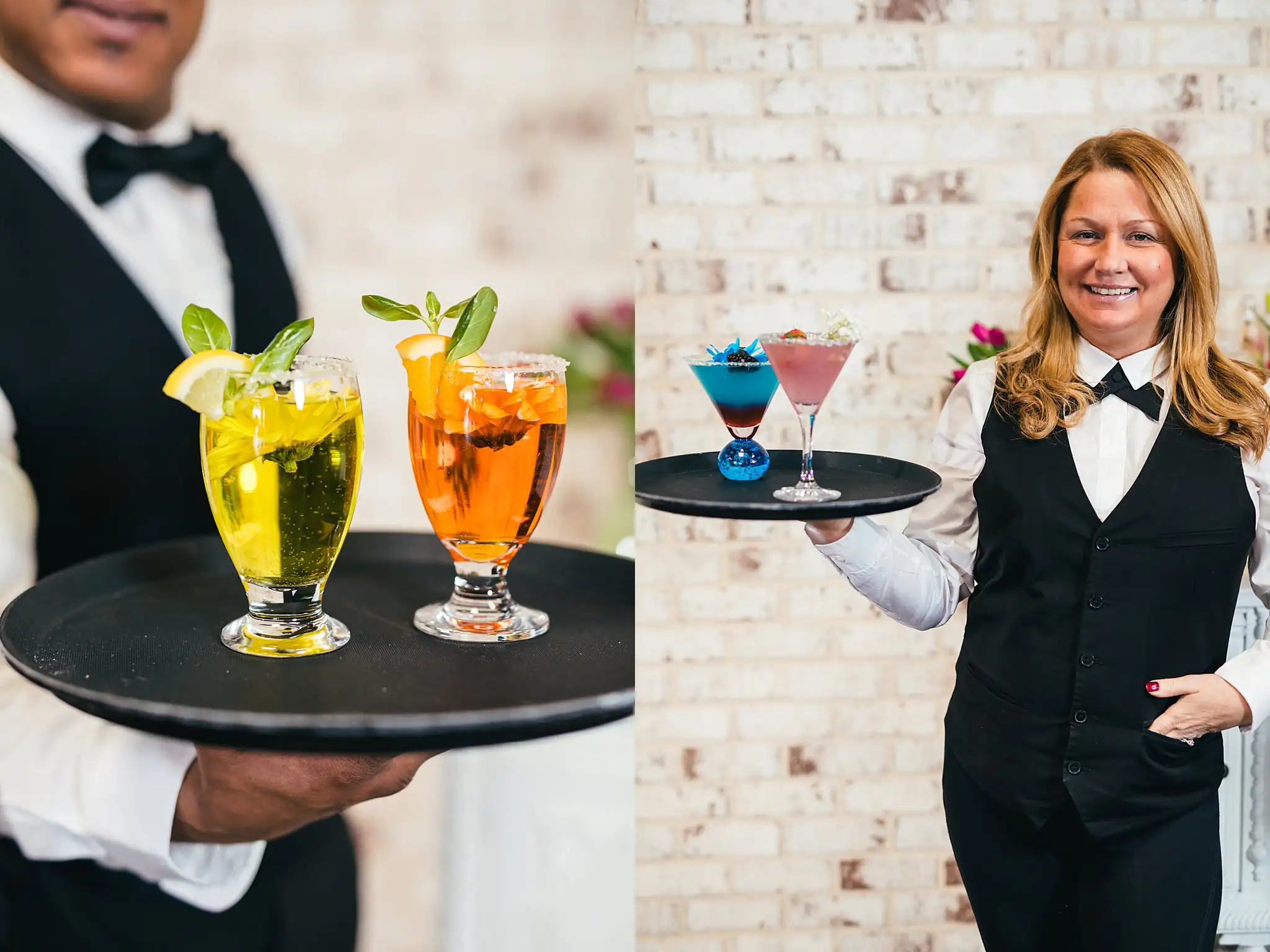AtlantaWeddingPhotographers_1245.jpg Reception Details: a tray of coloured cocktails going past, at a Whimsically in Love LGBTQ Wedding styled shoot at Brick and Ivey in Marietta, GA