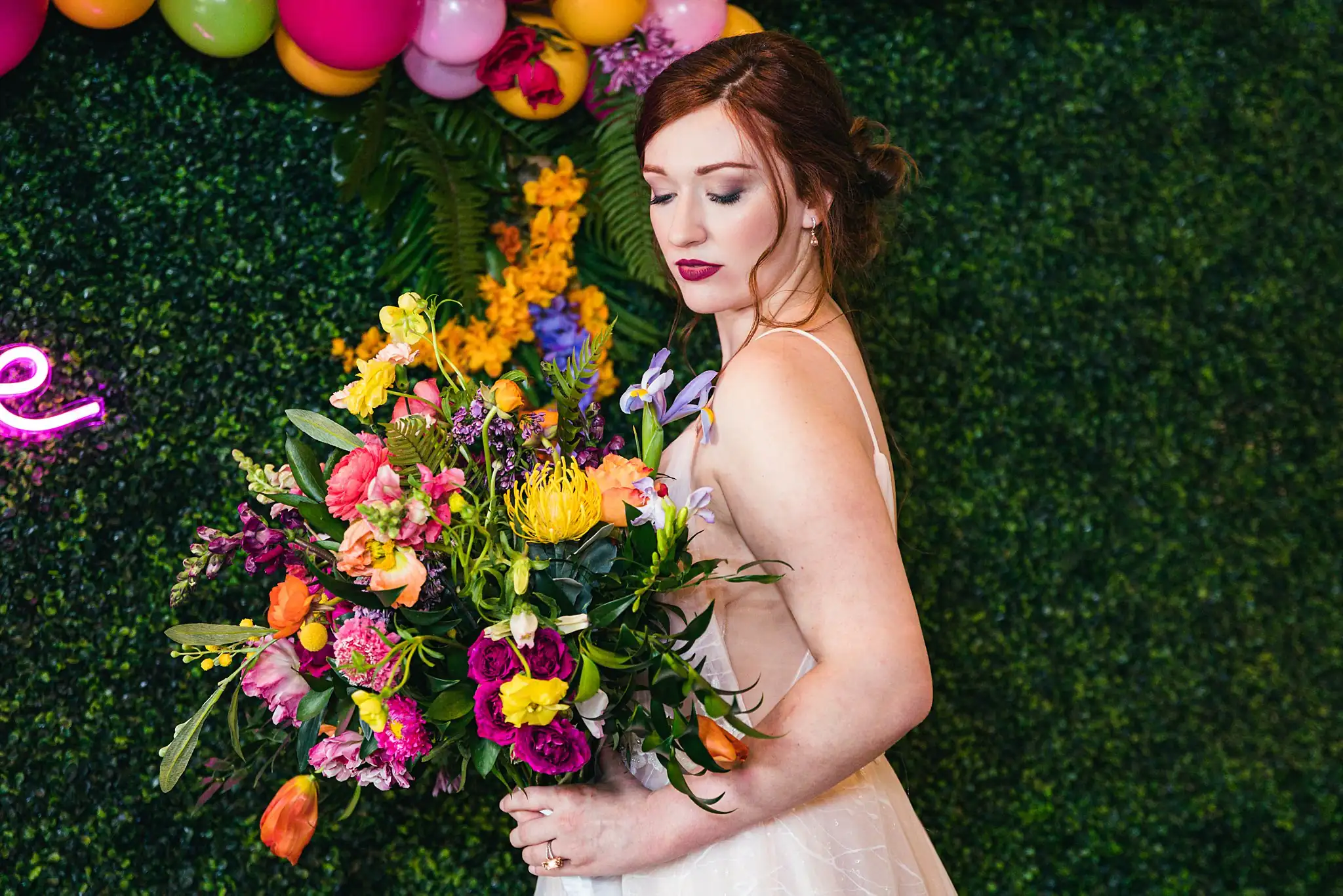 AtlantaWeddingPhotographers_1249.jpg Bridal Portraits: the bride and her bouquet at the hedge, at a Whimsically in Love LGBTQ Wedding styled shoot at Brick and Ivey in Marietta, GA
