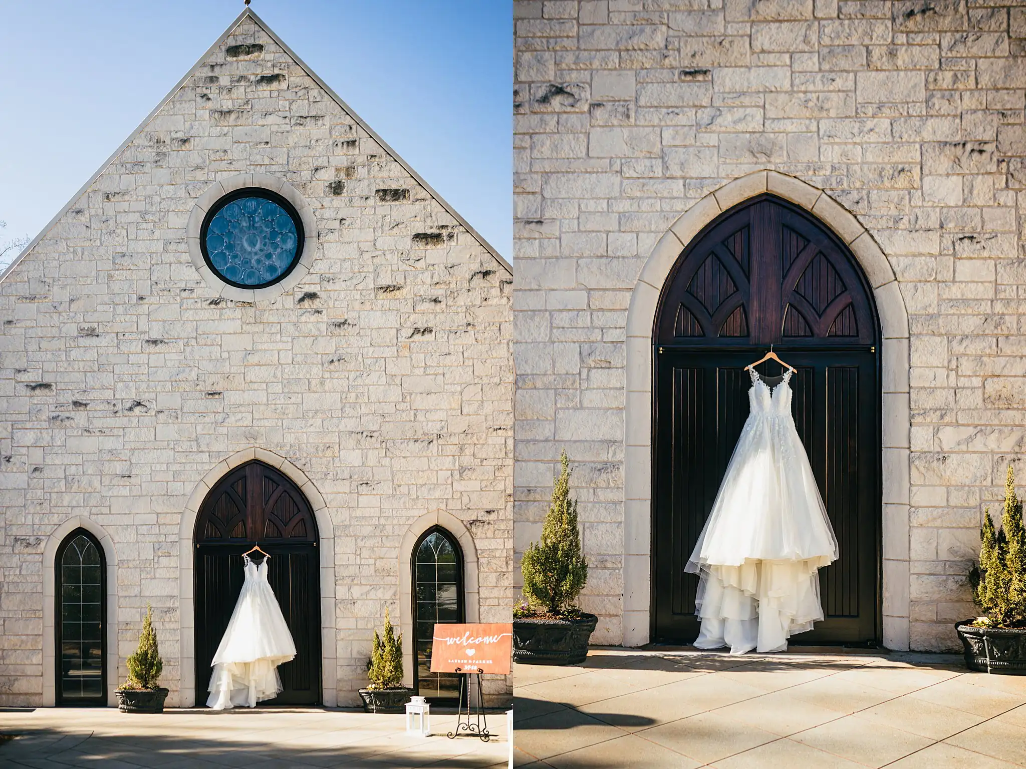 Wedding Details: the gown hanging at the stone chapel's arched door, at a wedding at Ashton Gardens Atlanta in Sugar Hill, GA