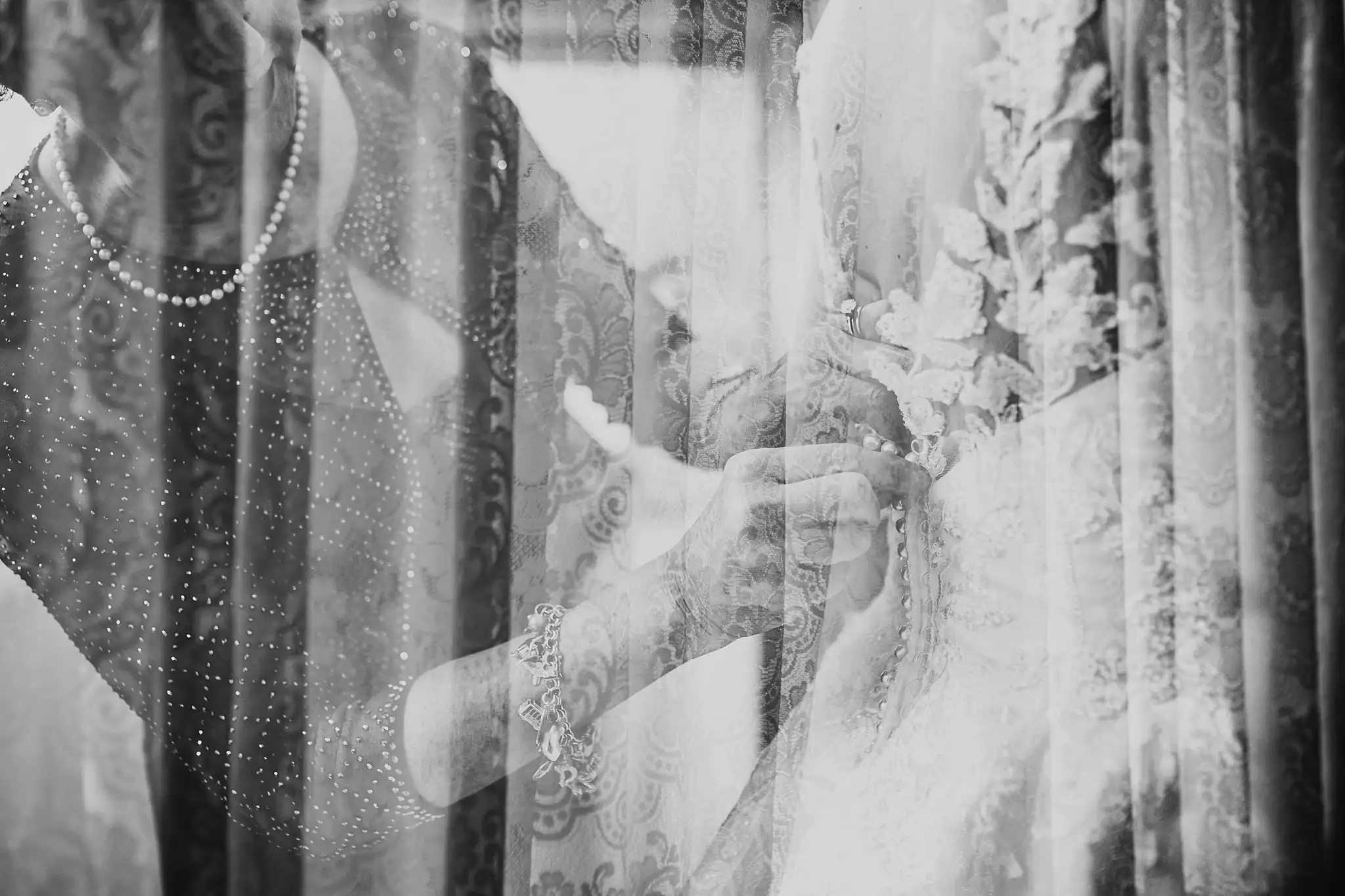 Wedding Details: the veil and a pearl detail, in black and white, at a wedding at Ashton Gardens Atlanta in Sugar Hill, GA