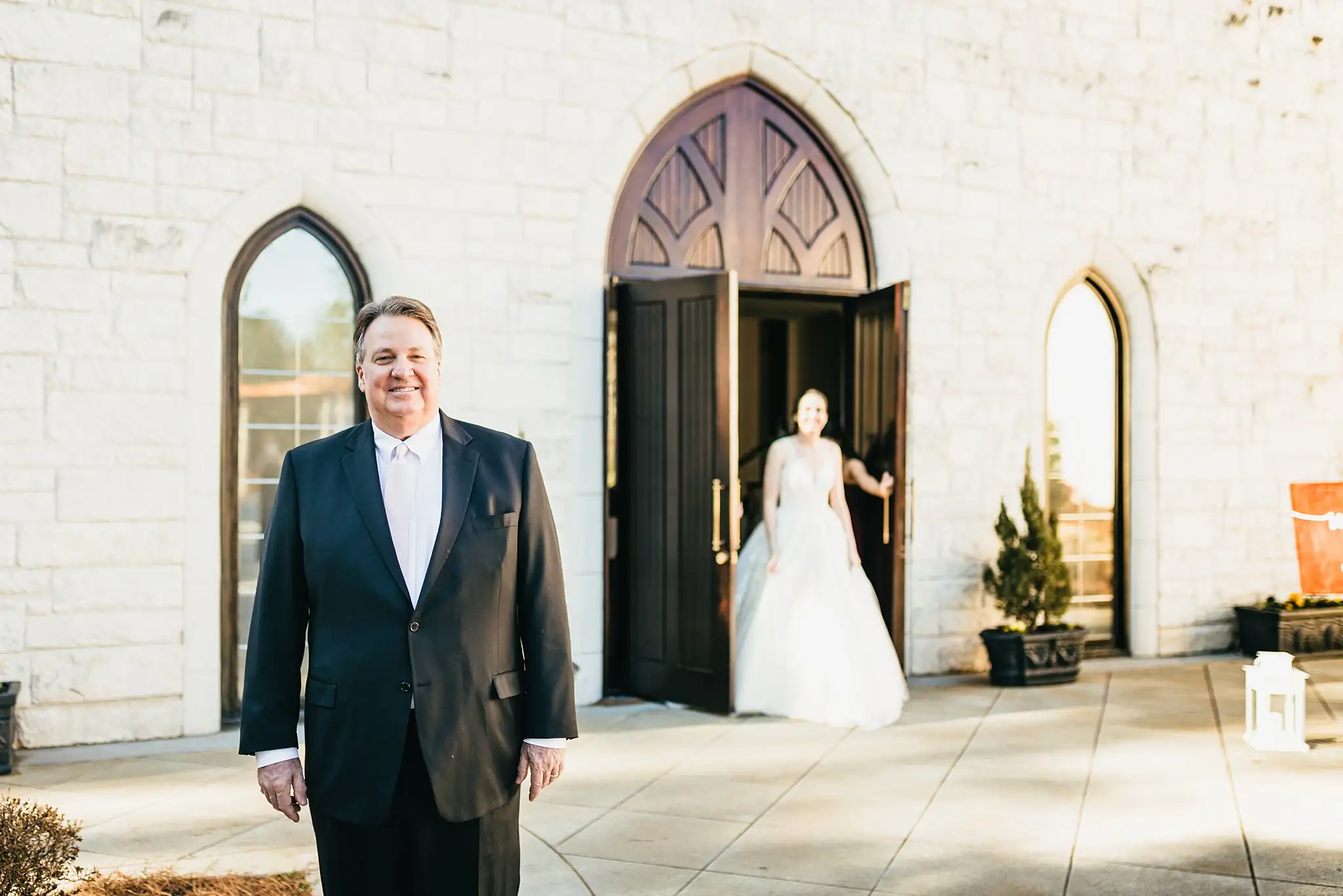 First Look: her father seeing the bride for the first time, before their wedding at Ashton Gardens Atlanta in Sugar Hill, GA