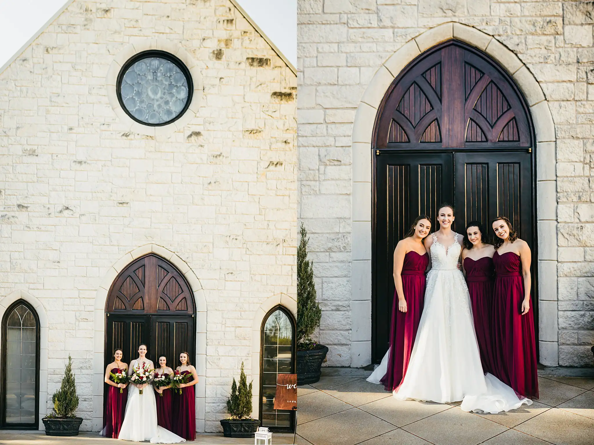 Wedding Party: the bride and her bridesmaids at the chapel doors, at their wedding at Ashton Gardens Atlanta in Sugar Hill, GA